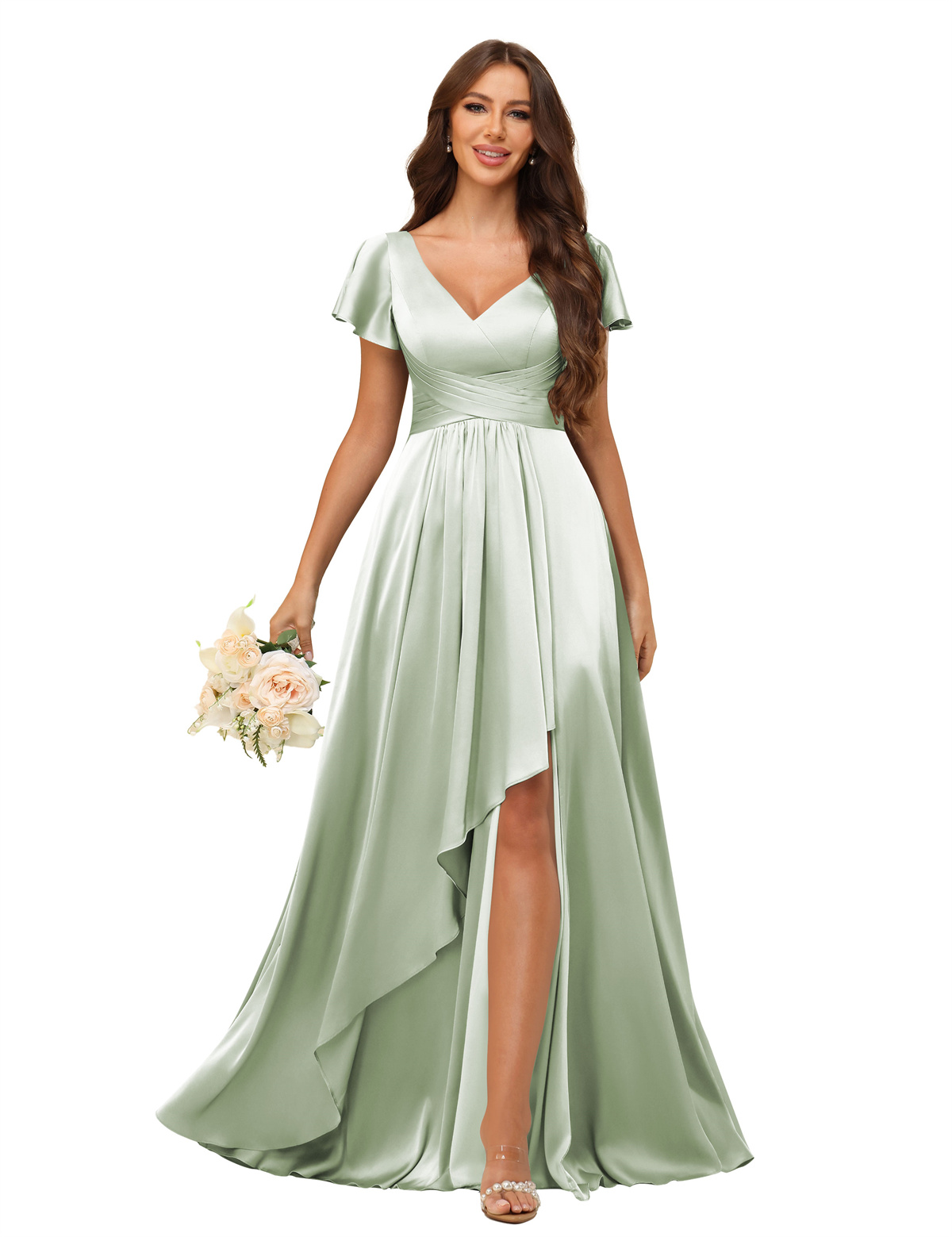A-line V-neck Short Sleeves Satin Silt Bridesmaid Dress #BM2508022