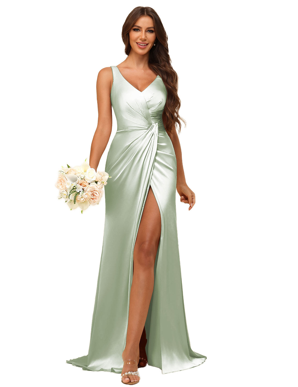 Mermaid V-neck Straps Satin Silt Bridesmaid Dress #BM2507144