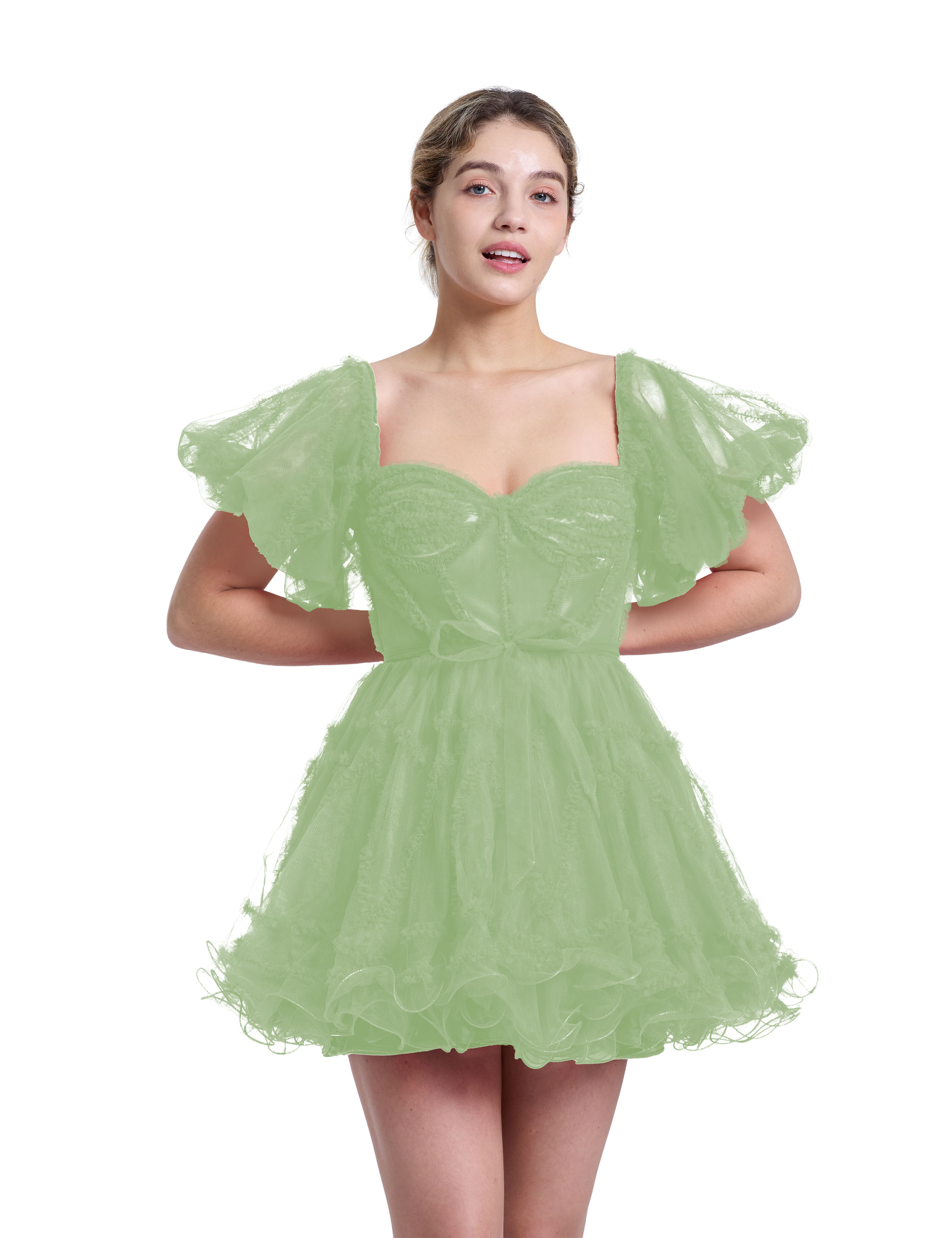 A-line Sweetheart Ruffles Tulle Puffy Sleeves Red Homecoming Dress #HC2401317