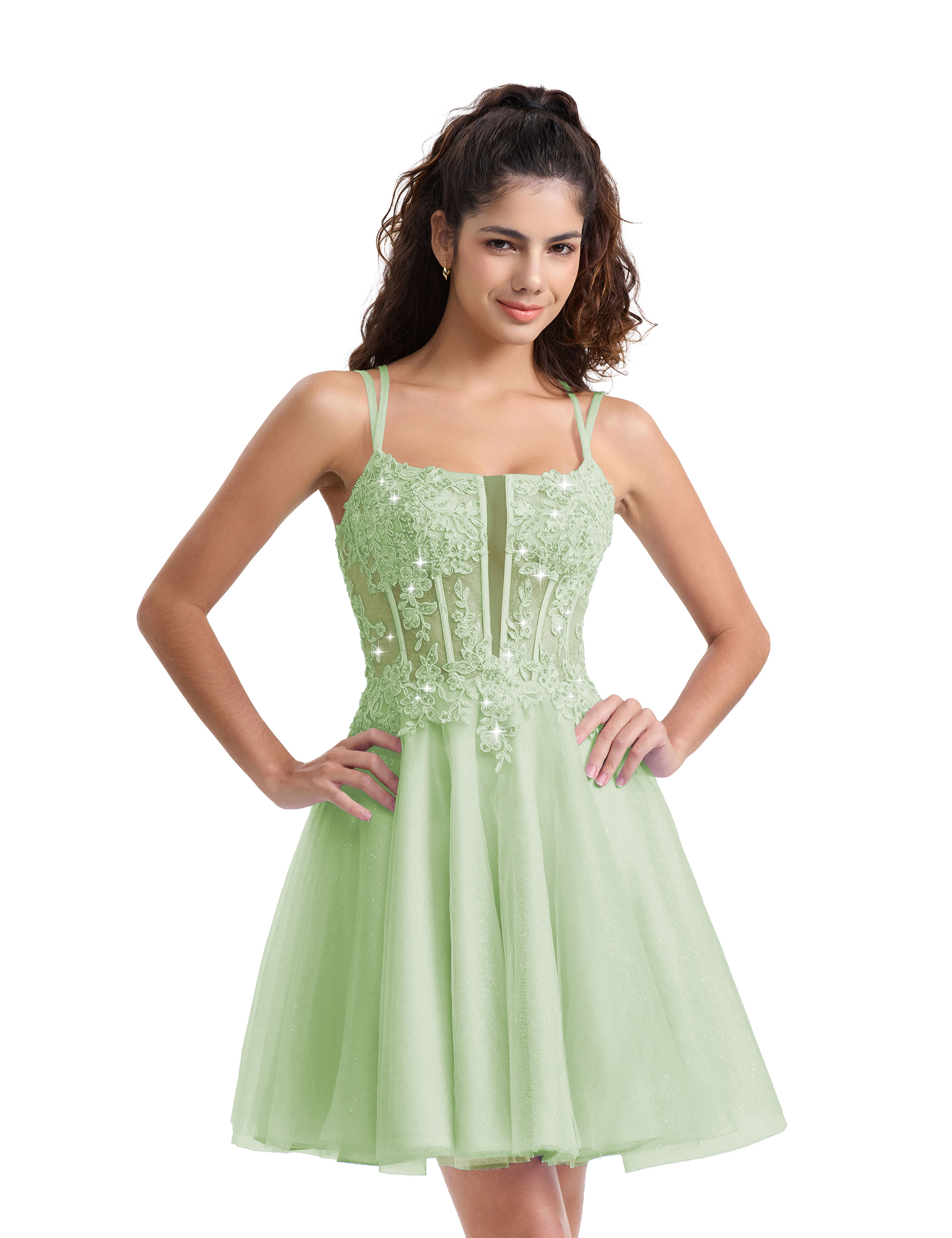 A-line Spaghetti Strap Tulle Lace Appliques Cocktail Homecoming Dress #HC2402129