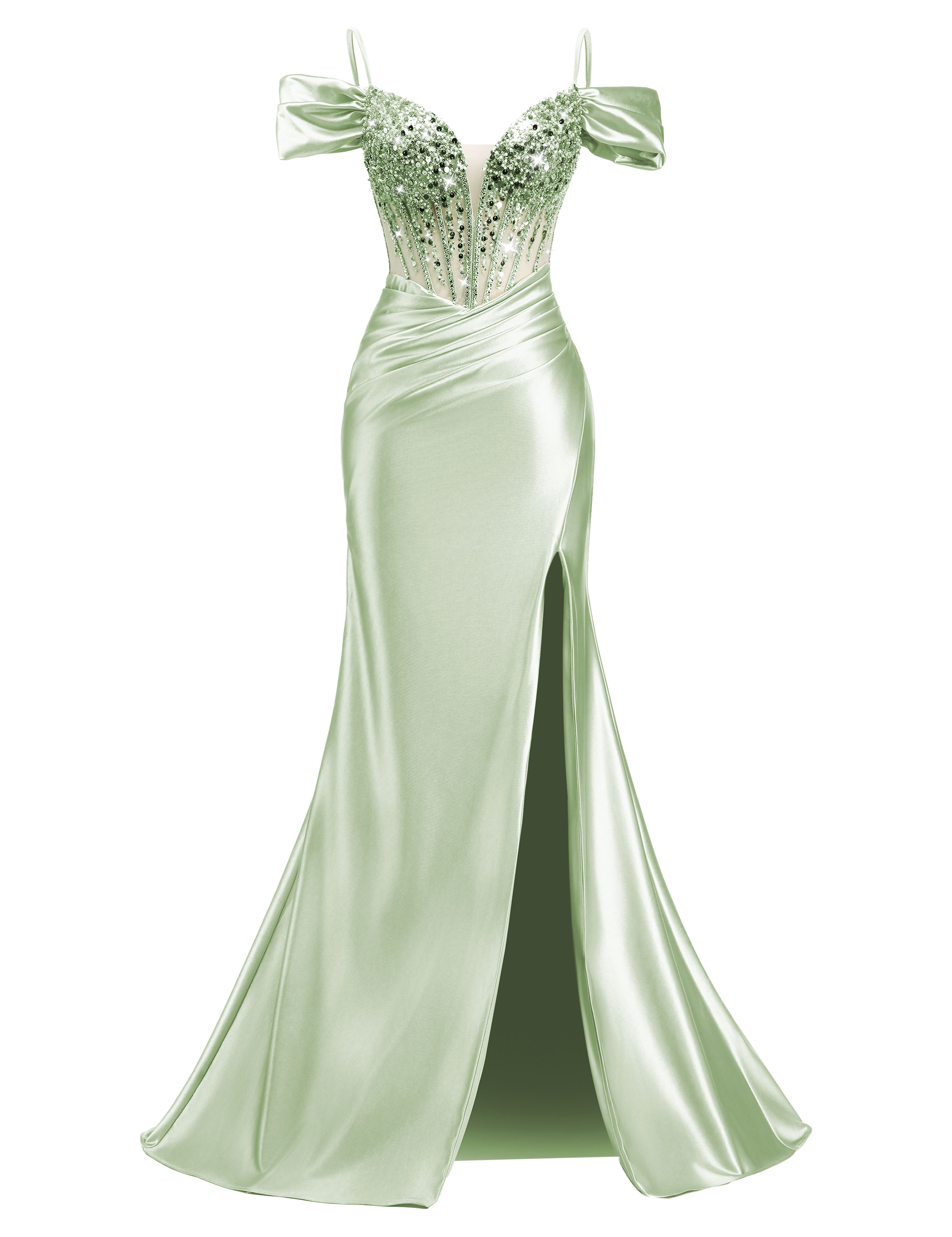 Mermaid V-neck Off Shoulder Beaded Sequin Satin Slit Prom Dress #PR2510014
