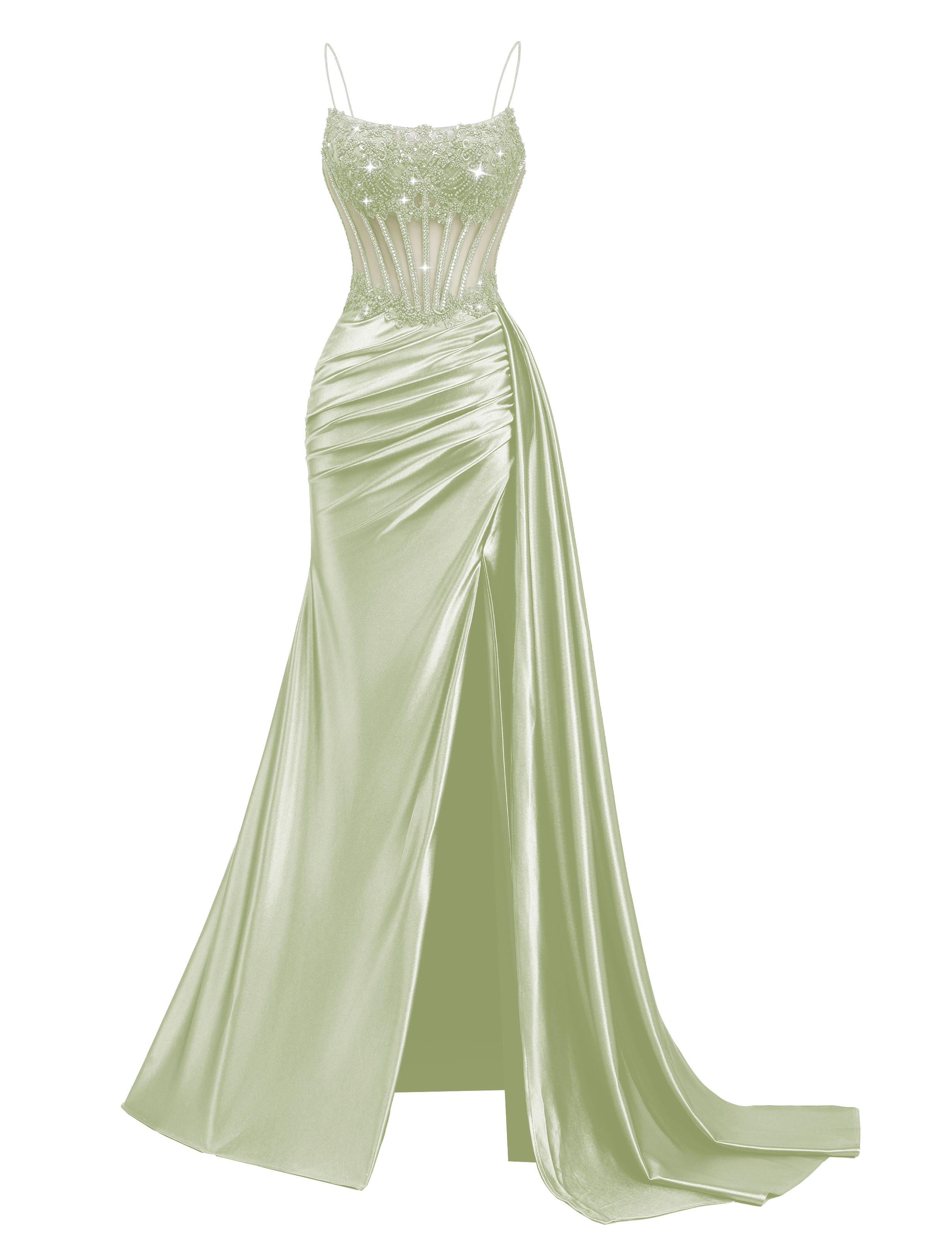 Mermaid Spaghetti Straps Pleated Satin Beaded Slit Prom Dress #PR2510011