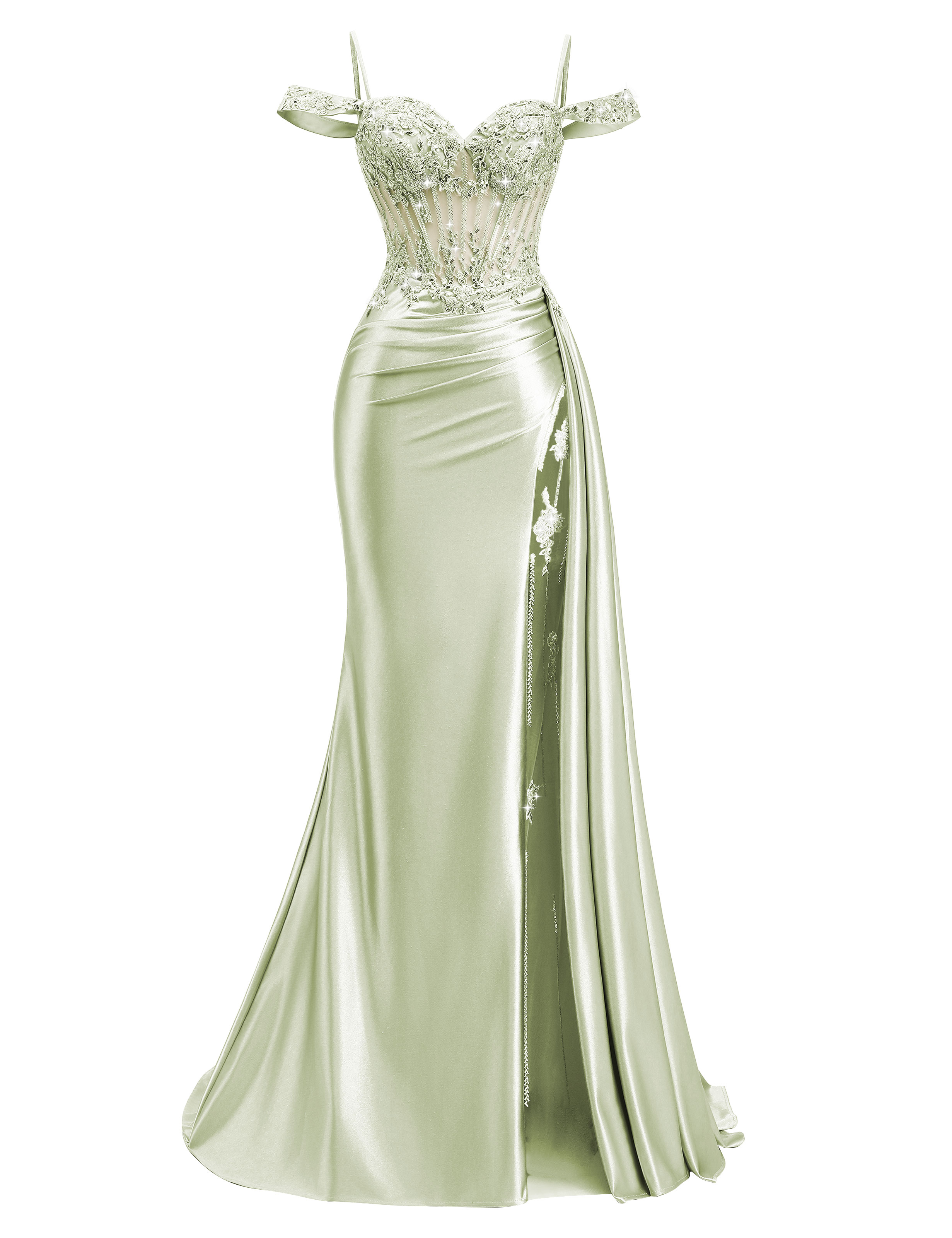Mermaid Off Shoulder Beaded Sequin Appliques Satin Slit Prom Dress #PR2510009