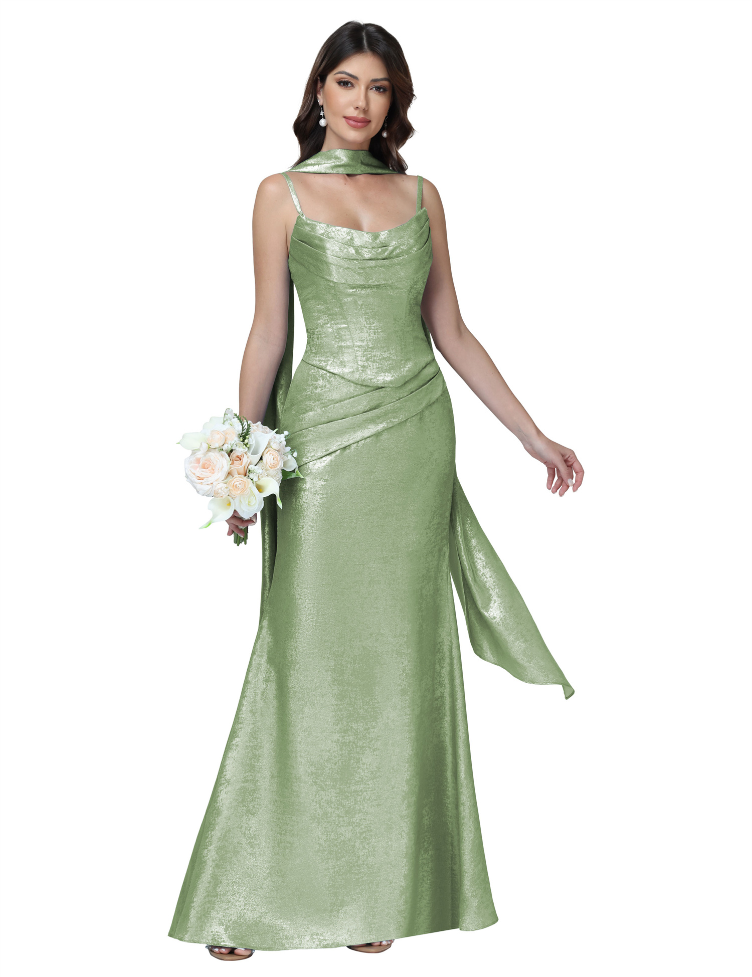 Mermaid Spaghttei Straps Prom Dress 2 Pieces Bridesmaid Dress with Scarf #BM2512054