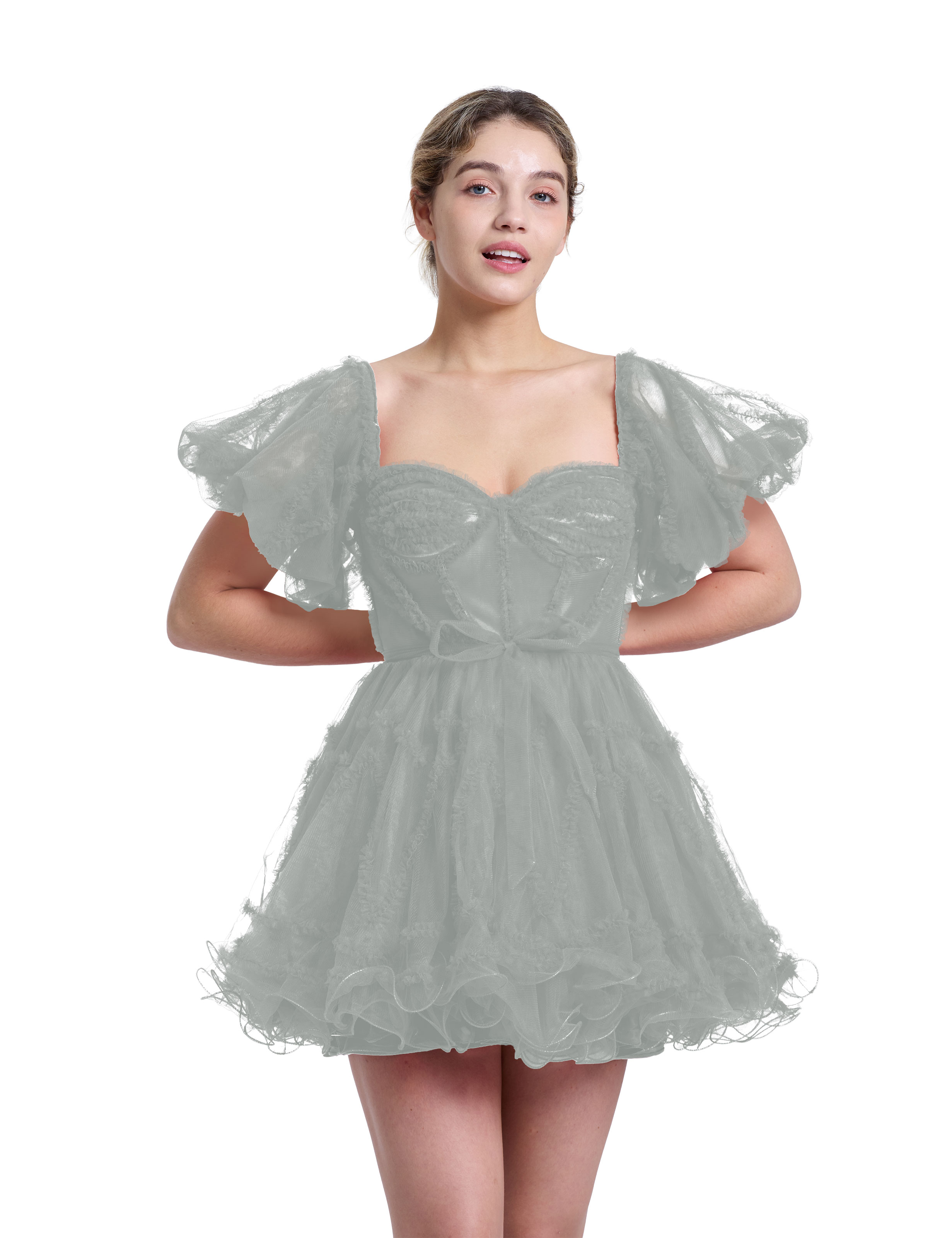 A-line Sweetheart Ruffles Tulle Puffy Sleeves Red Homecoming Dress #HC2401317