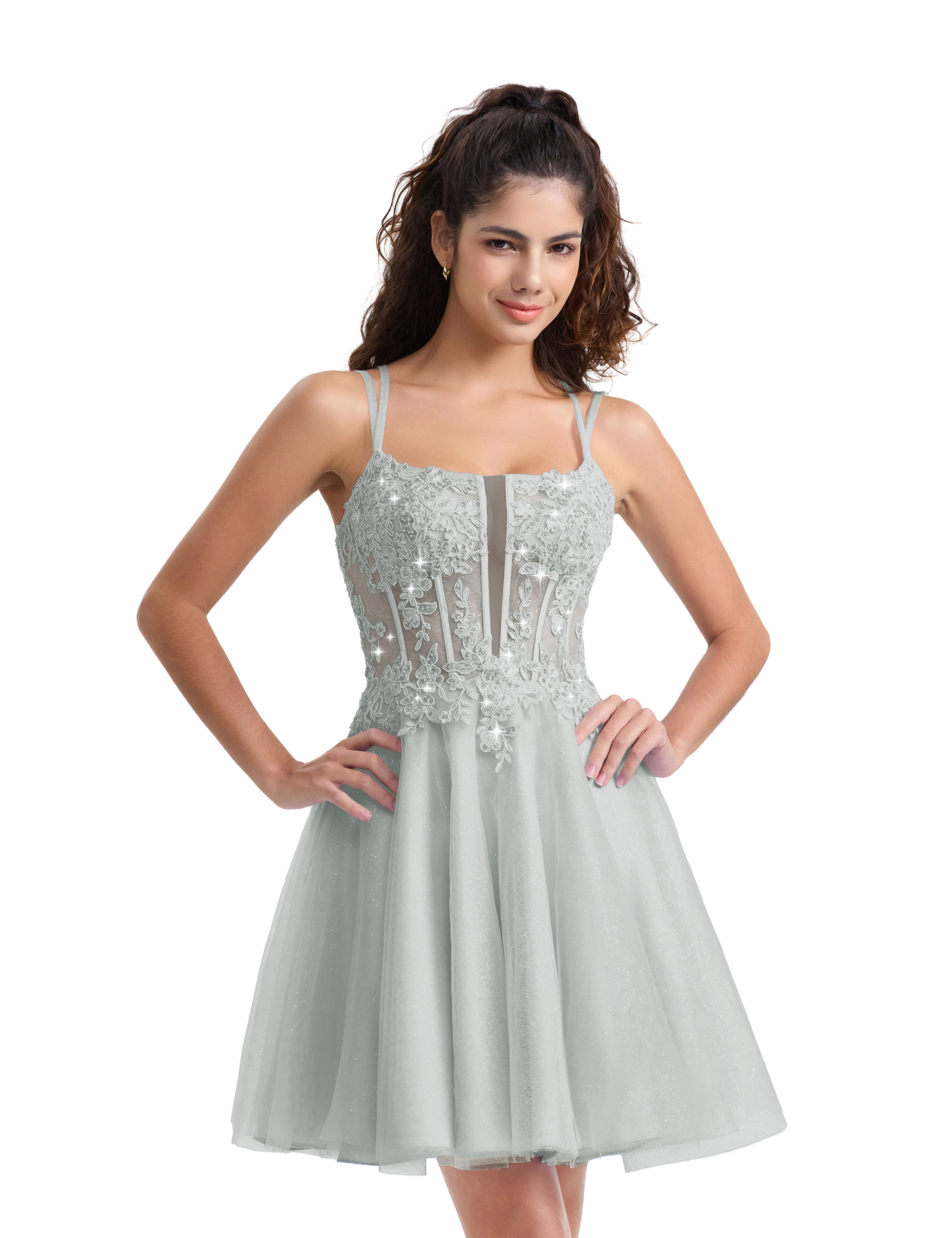 A-line Spaghetti Strap Tulle Lace Appliques Cocktail Homecoming Dress #HC2402129