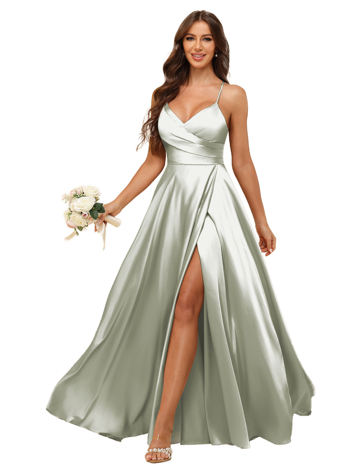 A-line V-neck Spaghetti Straps Satin Silt Bridesmaid Dress #BM2507218