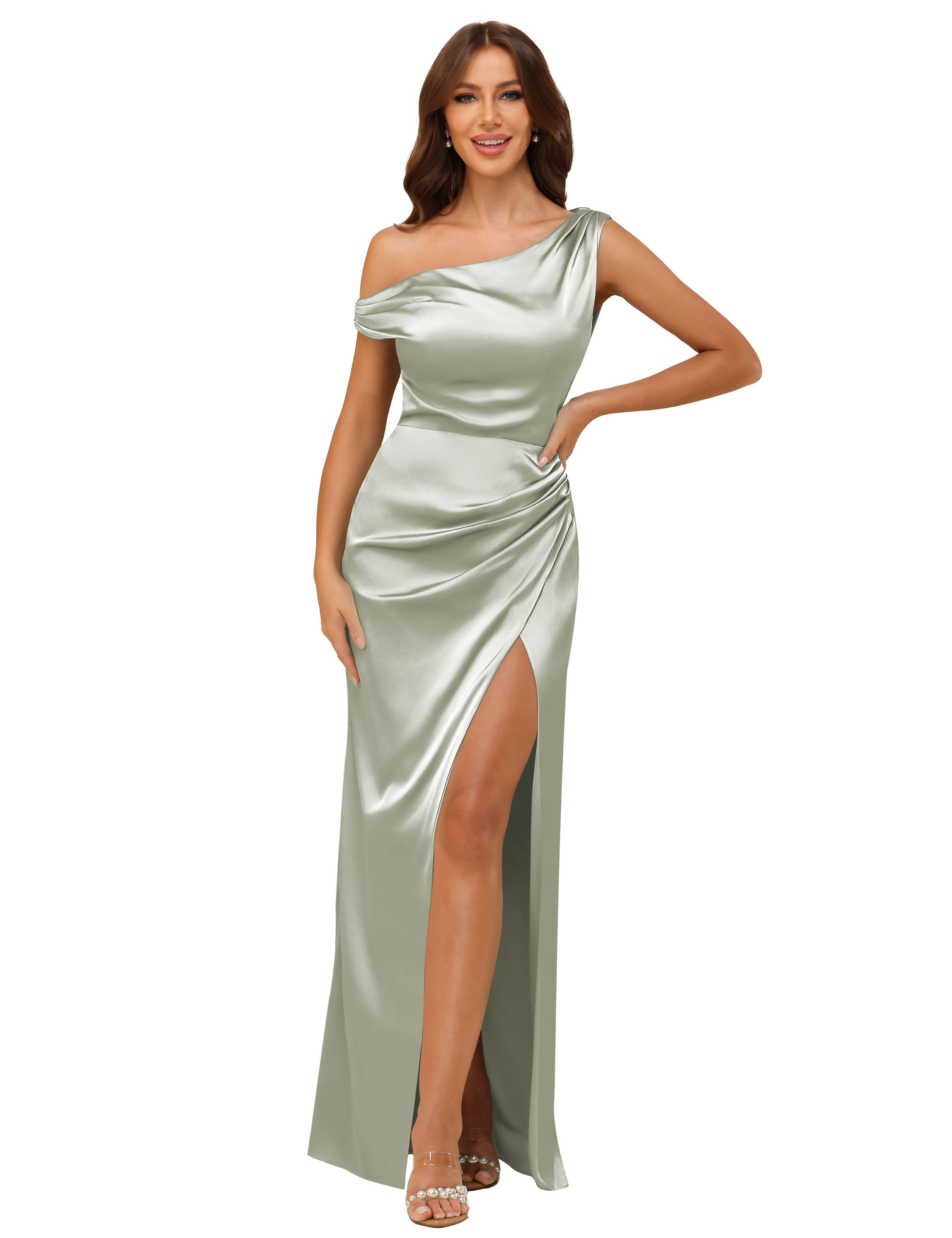 Sheath One Shoulder Satin Silt Side Zip Bridesmaid Dress #BM2507059