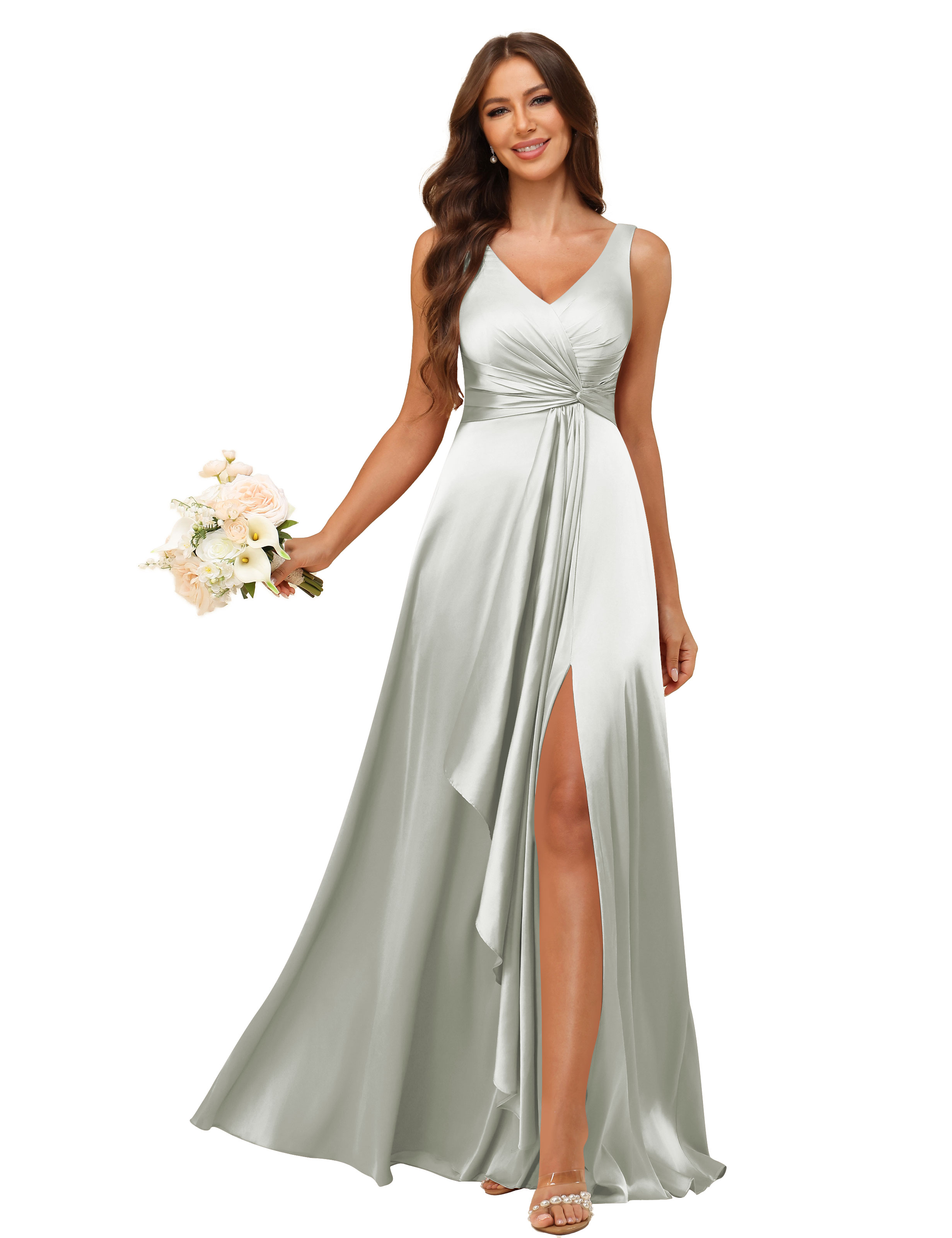A-line V-neck Straps Satin Silt Lace Up Bridesmaid Dress #BM2507147