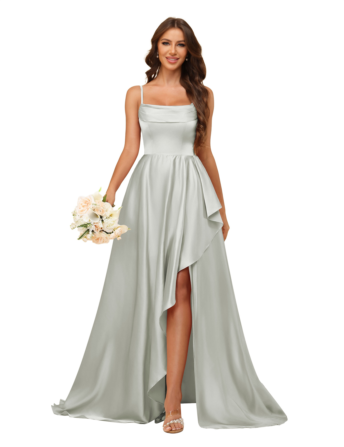 A-line U-neck Spaghetti Straps Satin Silt Bridesmaid Dress #BM2507213