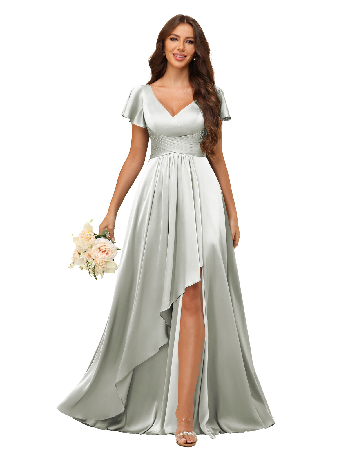 A-line V-neck Short Sleeves Satin Silt Bridesmaid Dress #BM2508022