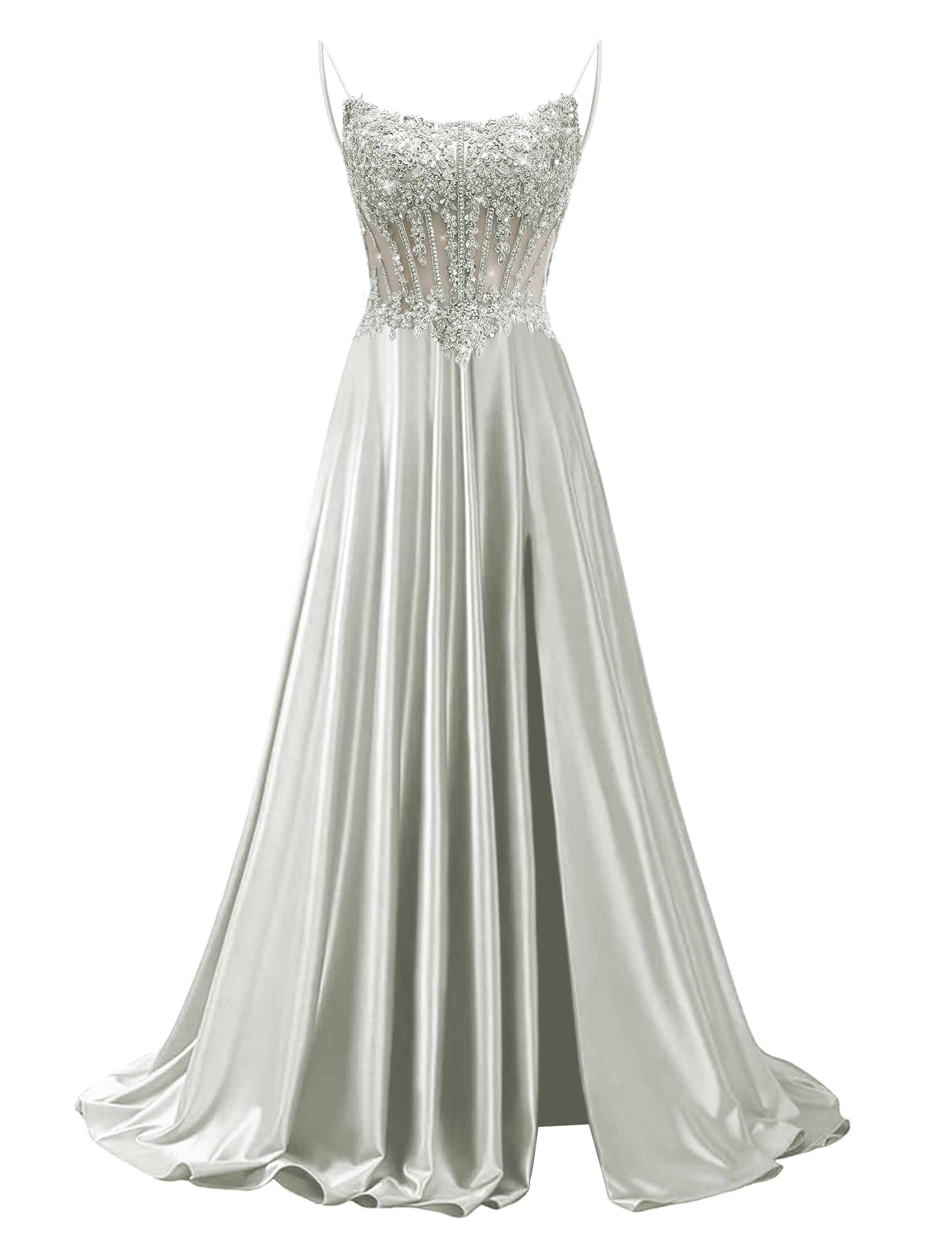 Mermaid Spaghetti Straps Satin Beaded Sequin Pleated Slit Prom Dress #PR2510011