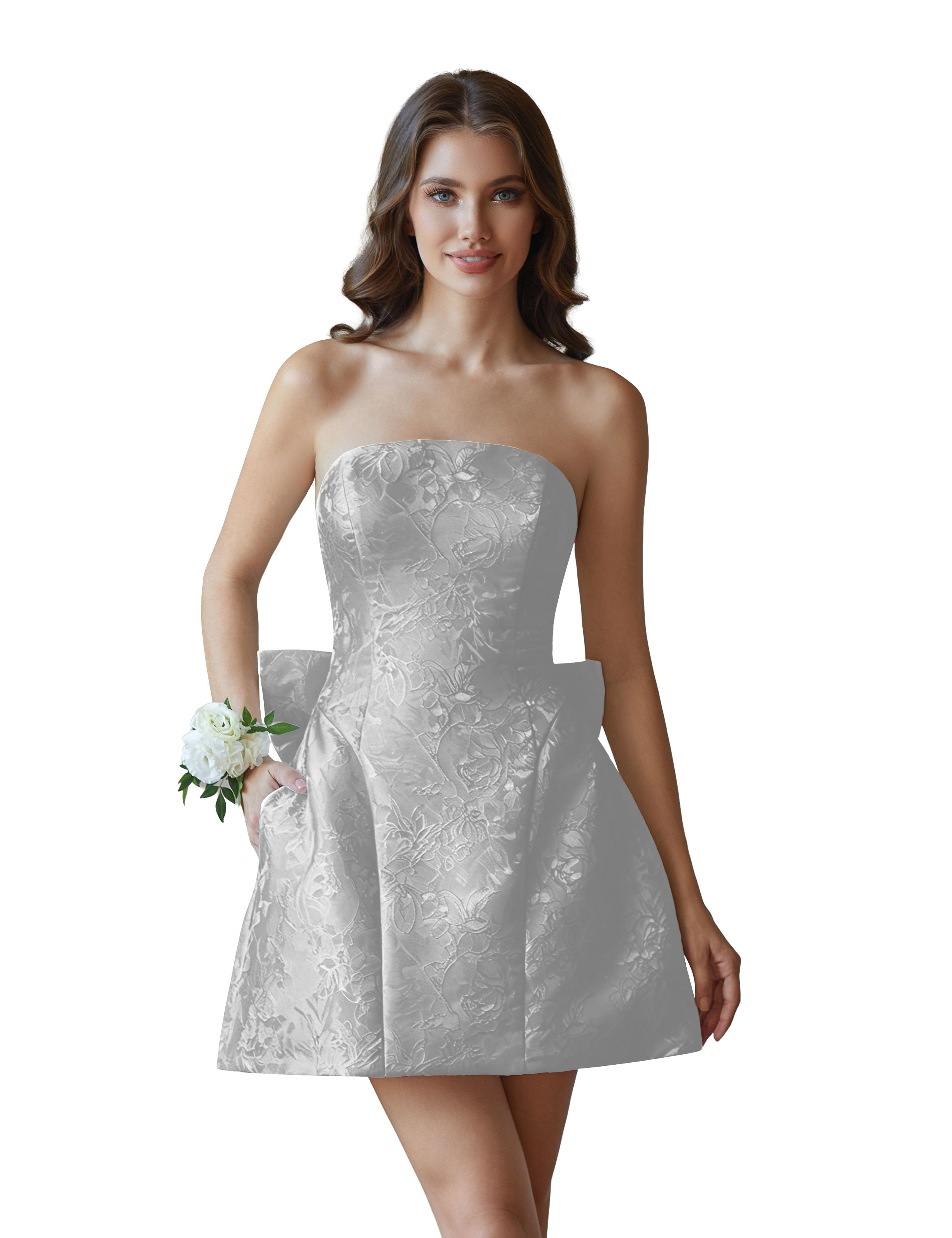 Jacquard Satin Mini Short Party Cocktail Prom Homecoming Dress with Bow Back #HC2401770