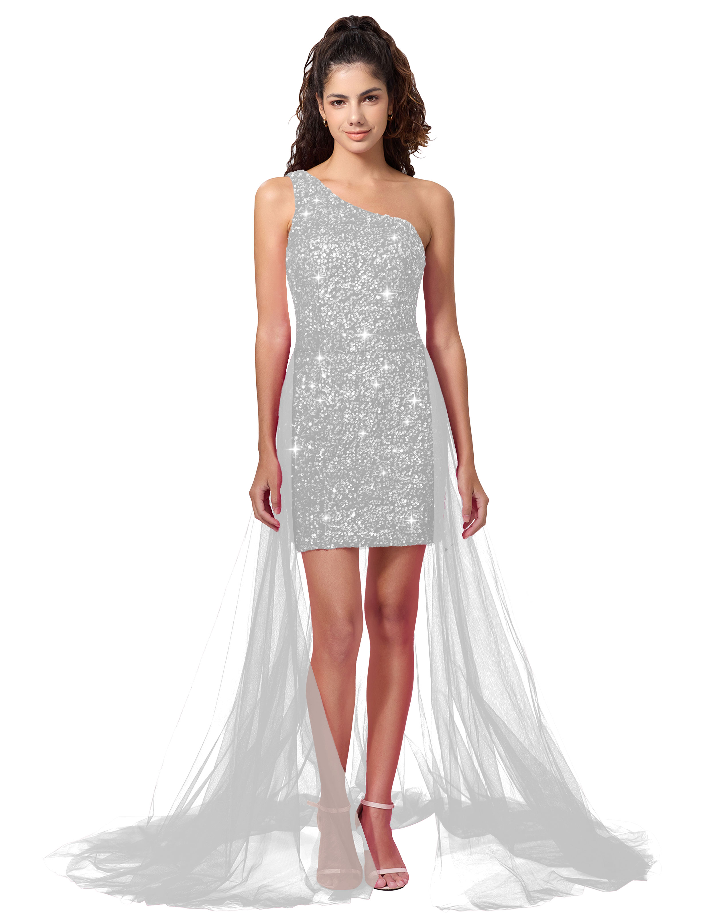 Sparkly One Shoulder Sequin Detachable Waist Cape Homecoming Dress #HC2402126