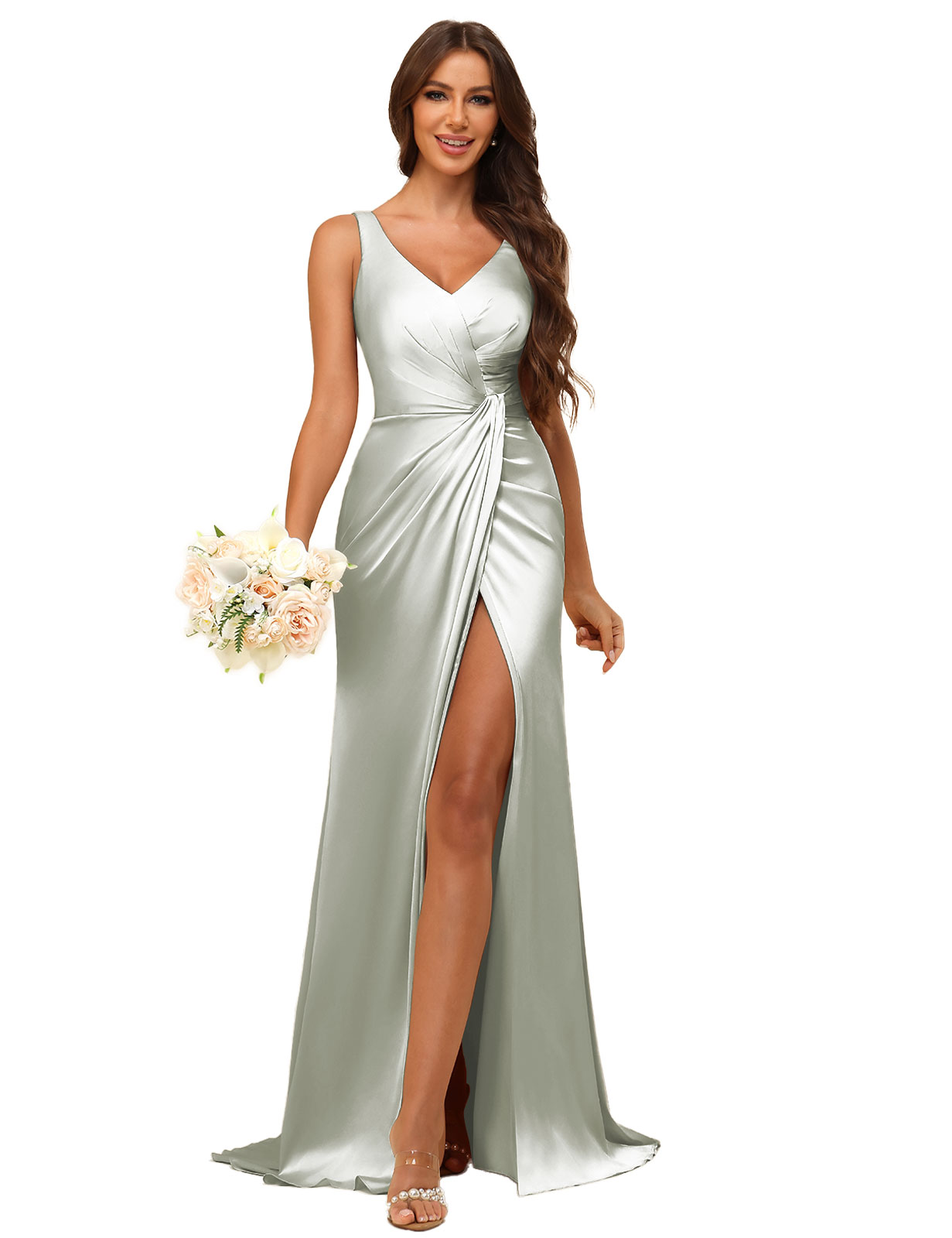 Mermaid V-neck Straps Satin Silt Bridesmaid Dress #BM2507144