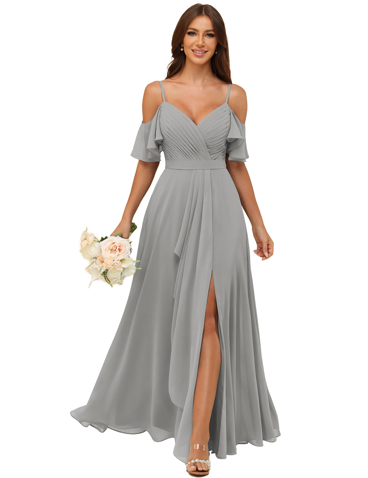 A-line V-neck Spaghetti Straps Chiffon Silt Bridesmaid Dress #BM2507214