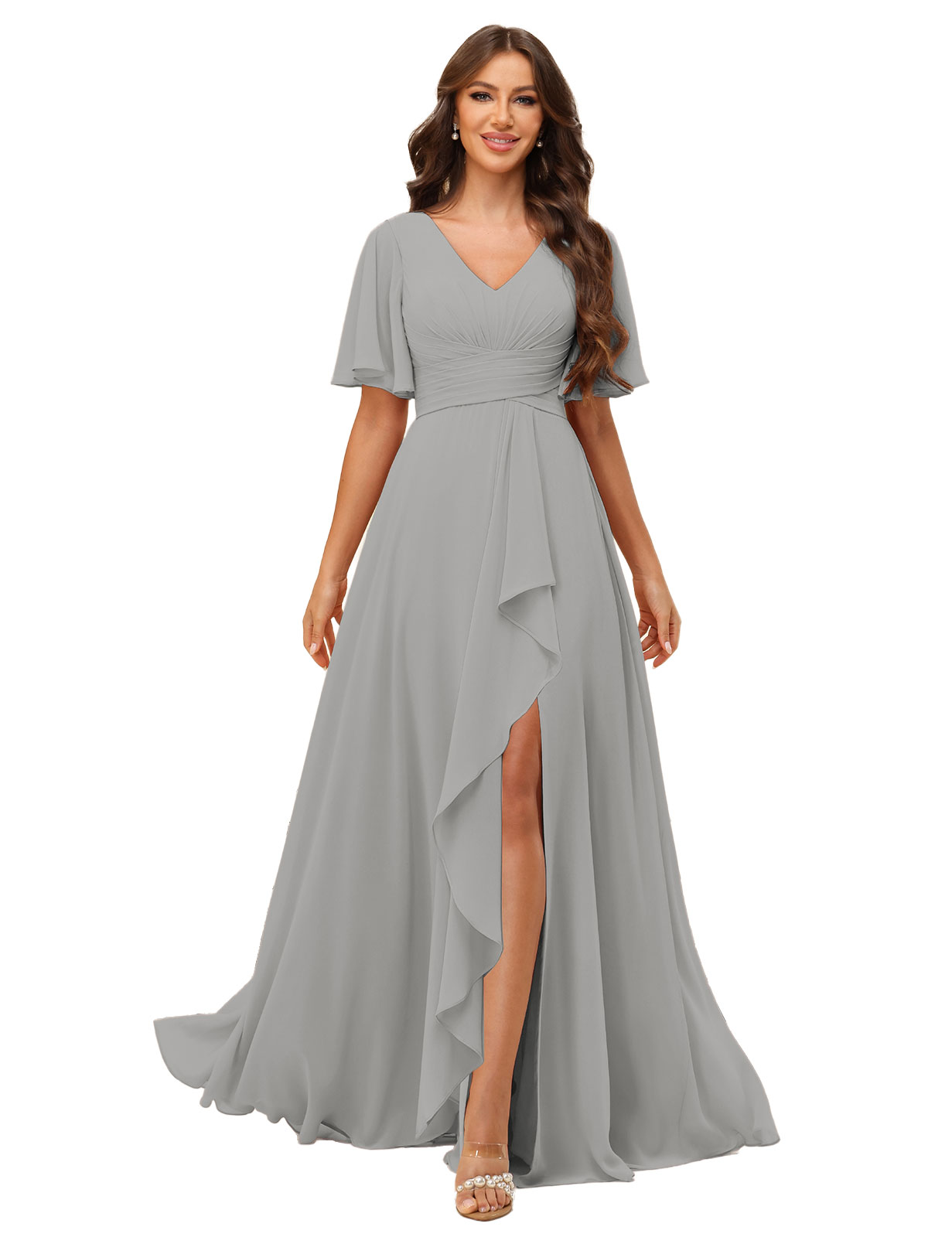 A-line V-neck Short Sleeves Chiffon Silt Bridesmaid Dress #BM2507137