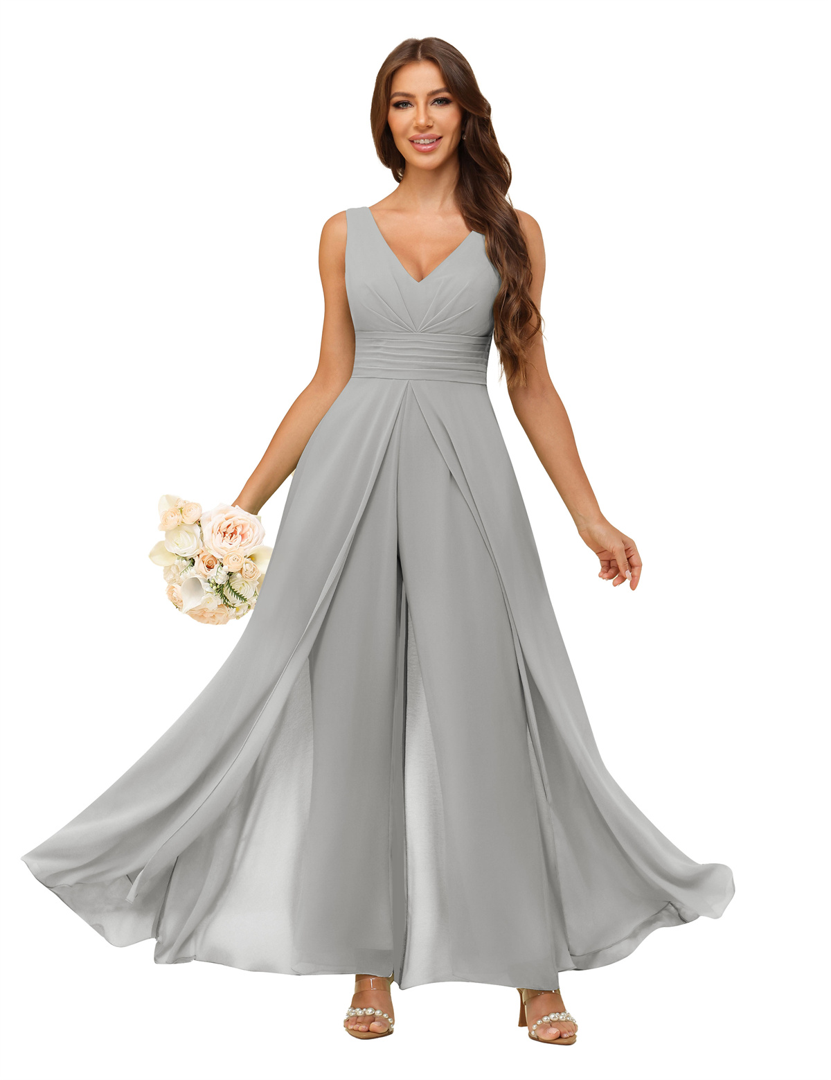 A-line V-neck Chiffon Straps V-back Bridesmaid Dress #PR2507216