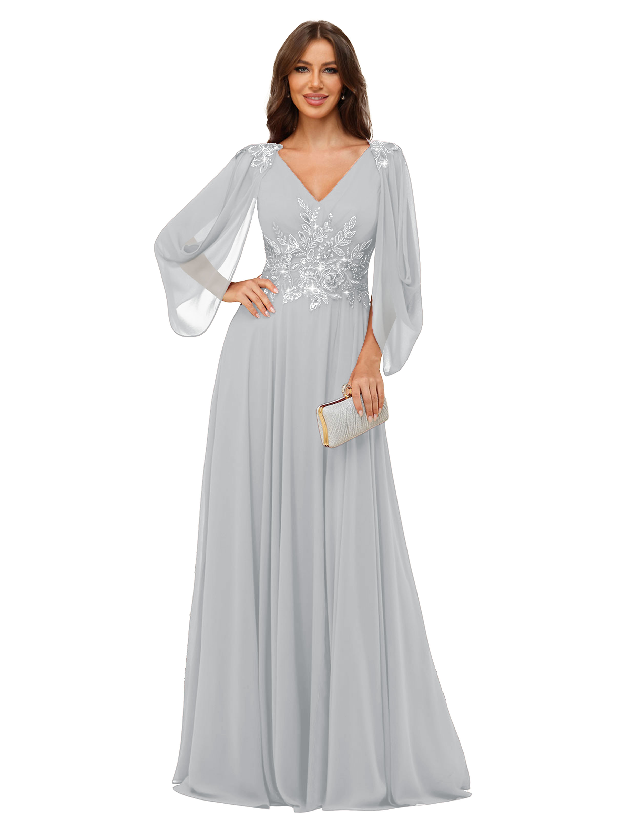 A-line V-neck Chiffon V-back Long Sleeves Mother of The Bride Dress #BM2501034