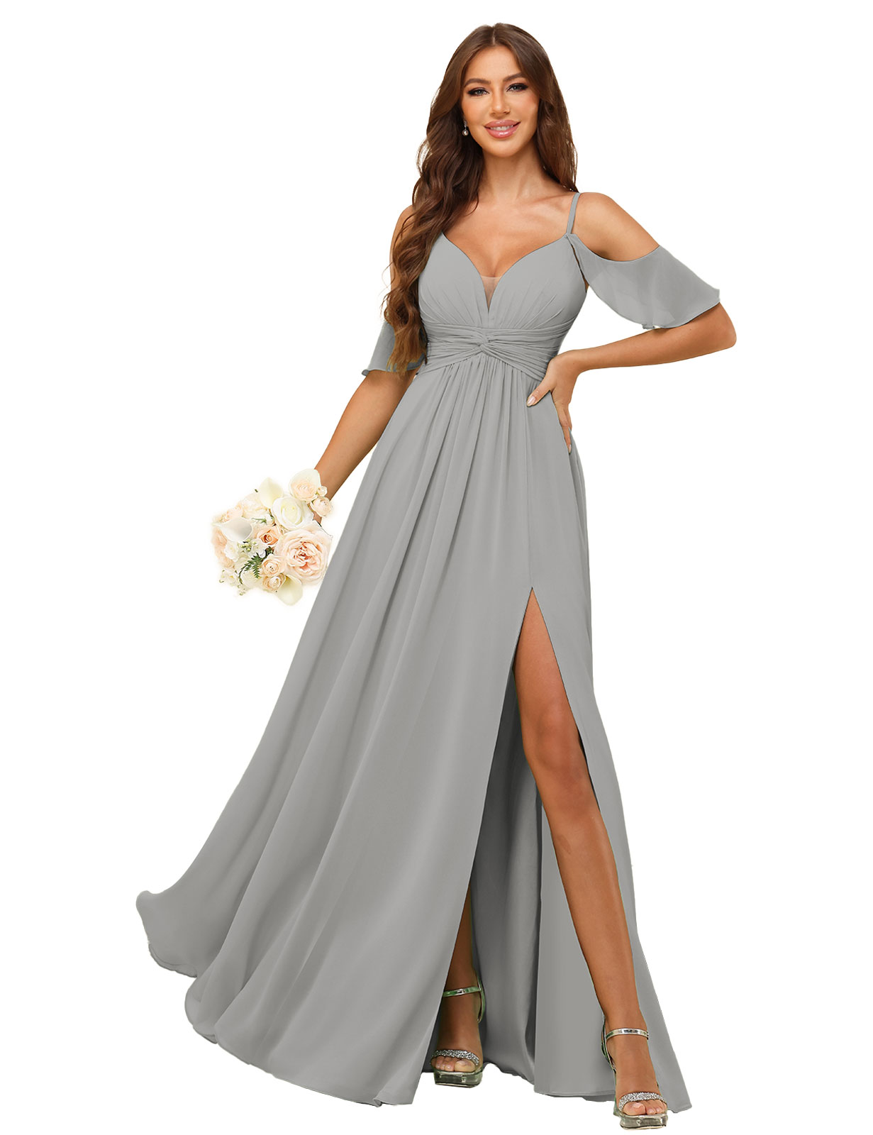 A-line Deep V-neck Spaghetti Straps Chiffon Silt Bridesmaid Dress #BM2507134