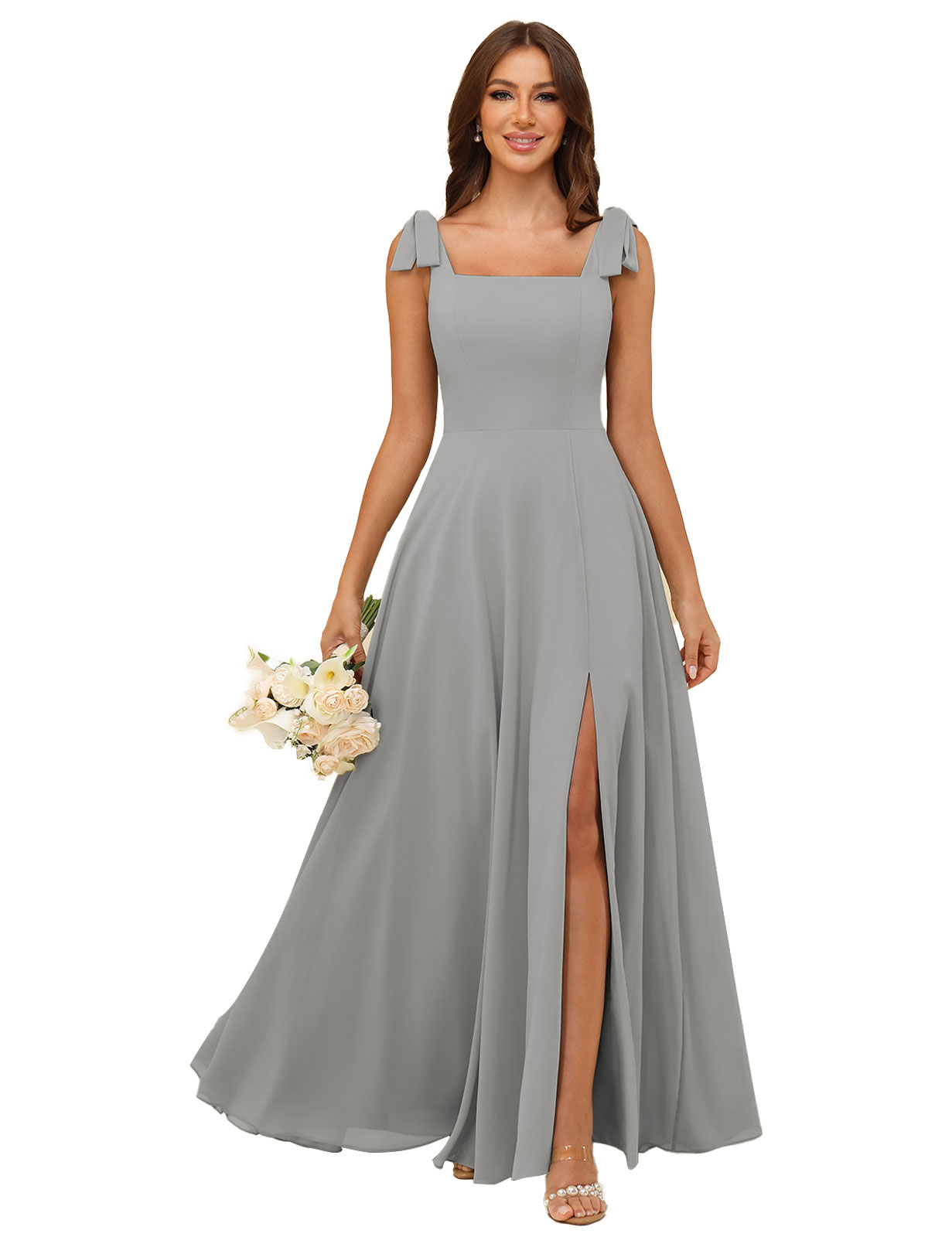 A-line Square Straps Chiffon Silt Bridesmaid Dress #BM2507222