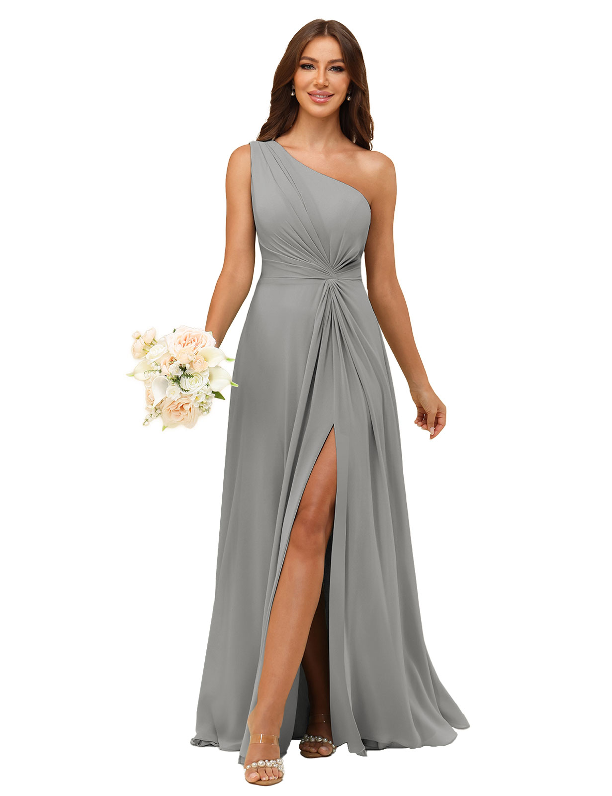 A-line One Shoulder Chiffon Silt Bridesmaid Dress #BM2508033