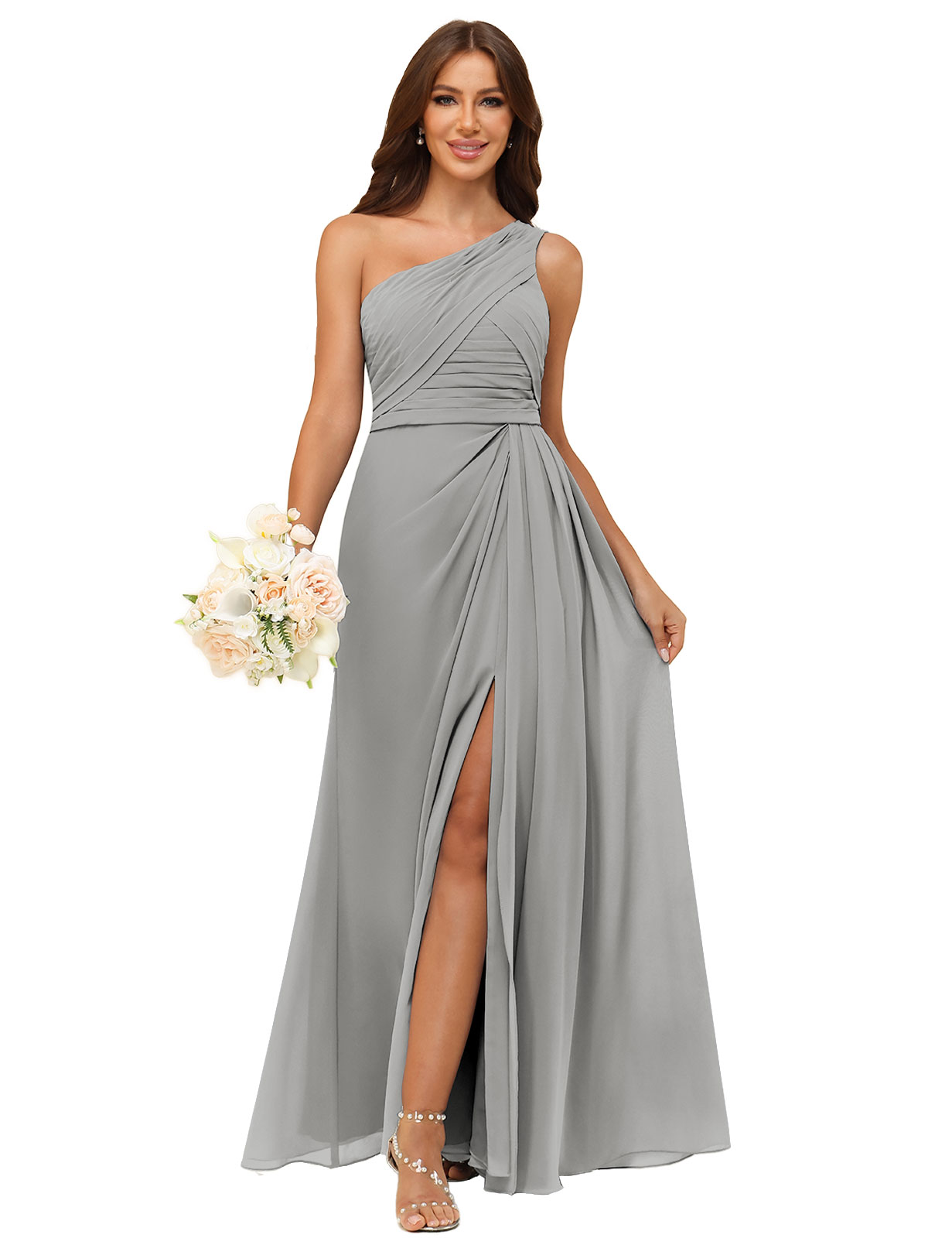 A-line One Shoulder Chiffon Silt Back Zip Bridesmaid Dress #BM2504122
