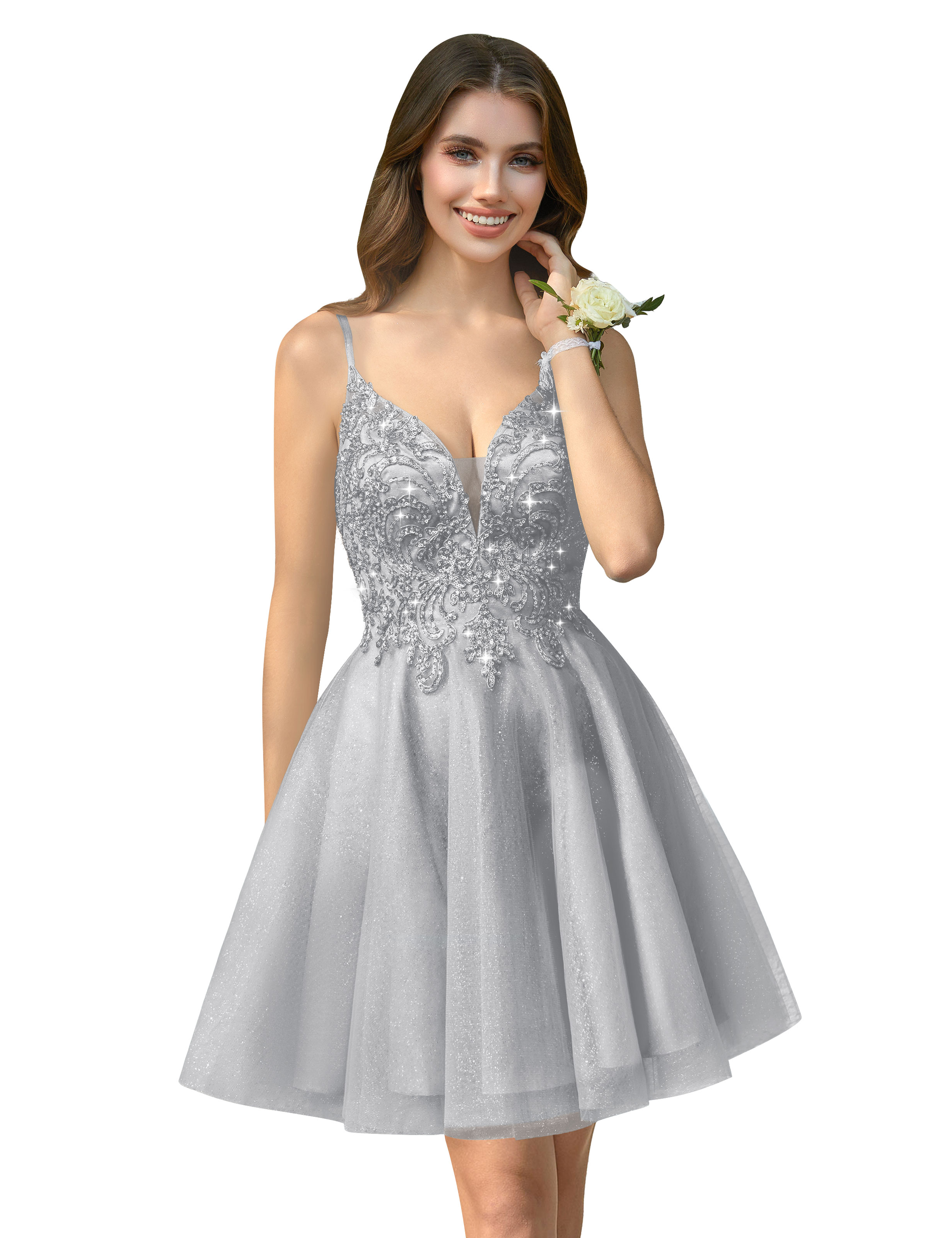 A-line V-neck Spaghetti Strap Sparkly Beaded Tulle Homecoming Dress #HC2401940
