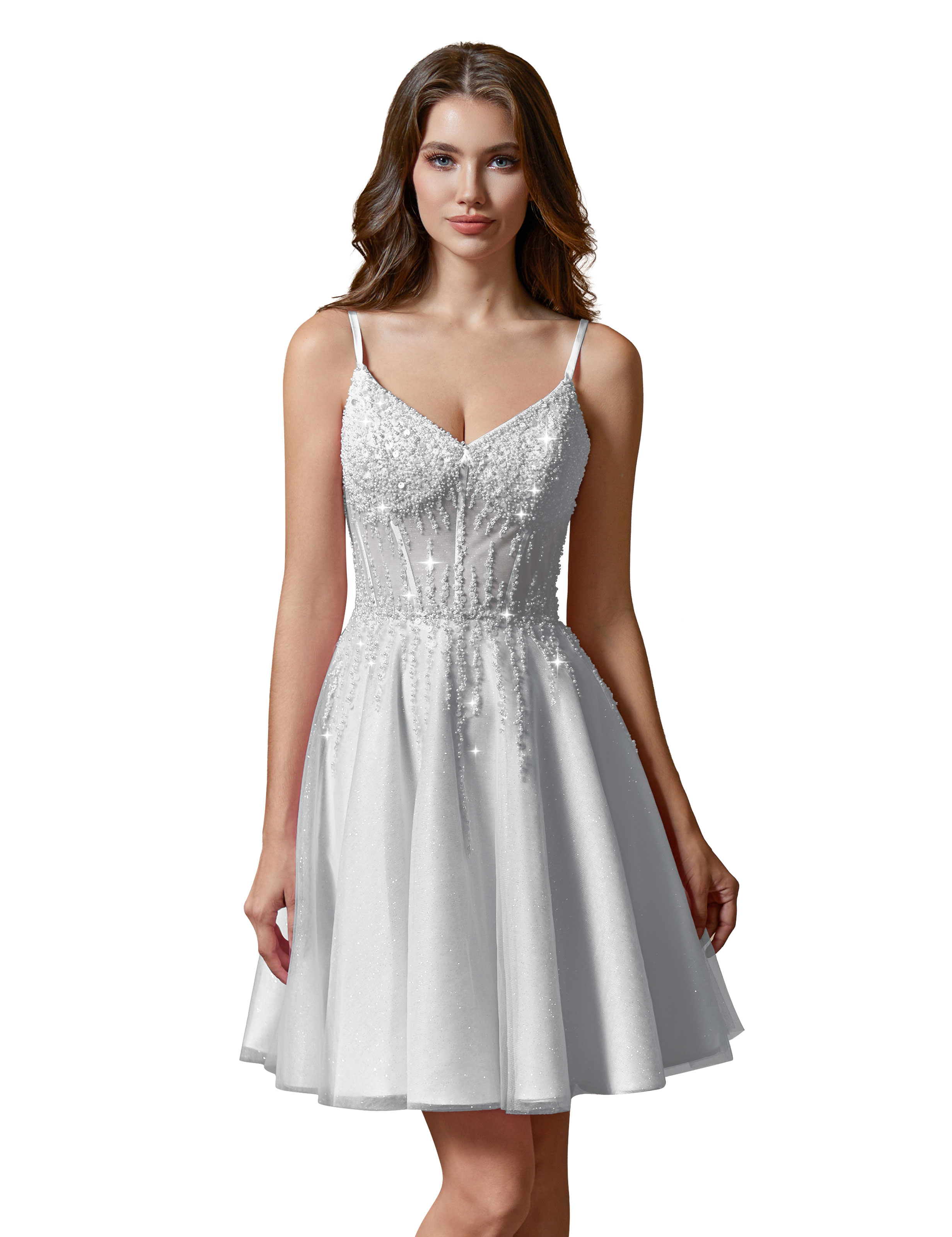 A-line V-Neck Sparkly Tulle Lace Appliques Homecoming Dress #HC2401738