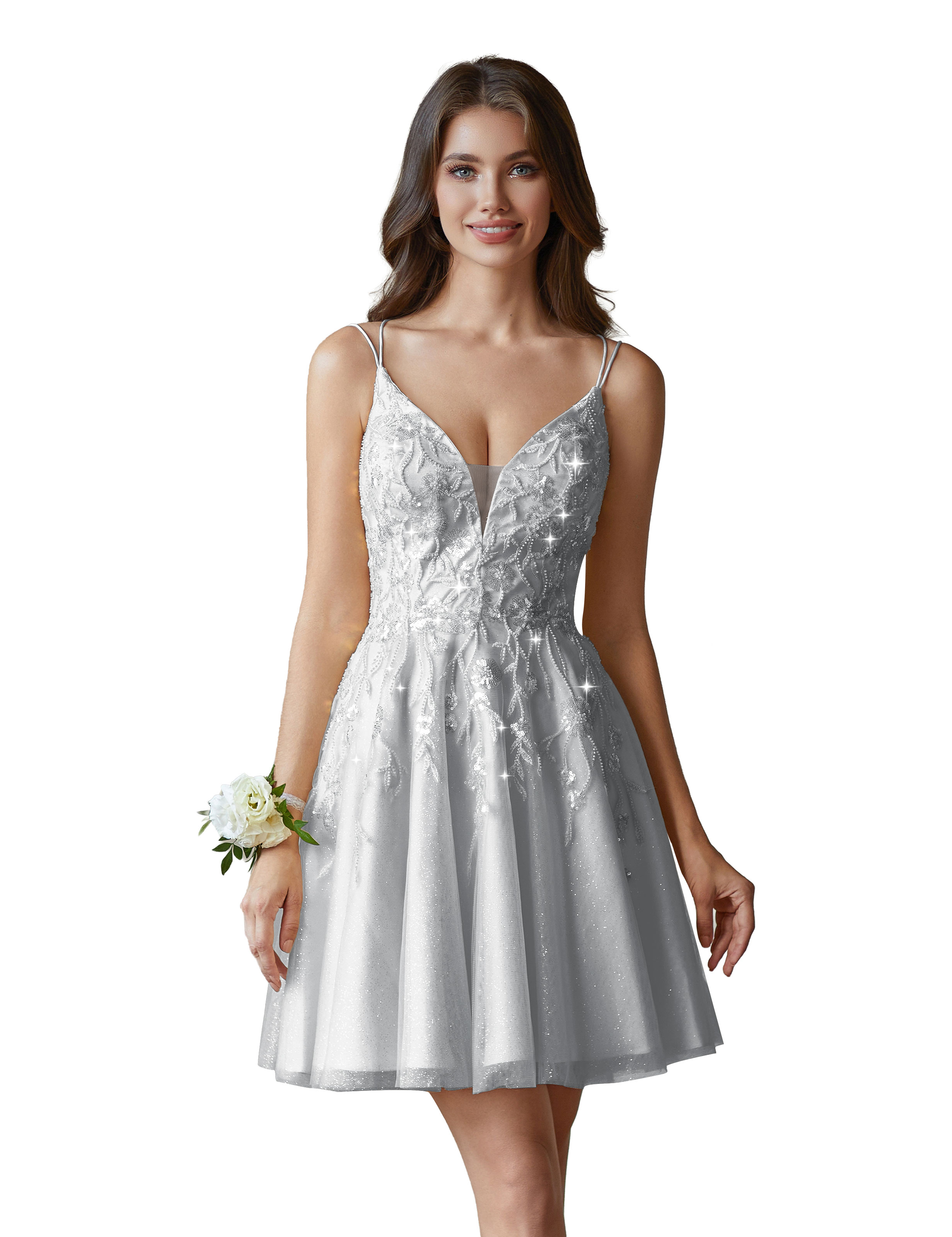A-line V-Neck Tulle Beaded Lace Appliques Cocktail Homecoming Dress #HC2402602