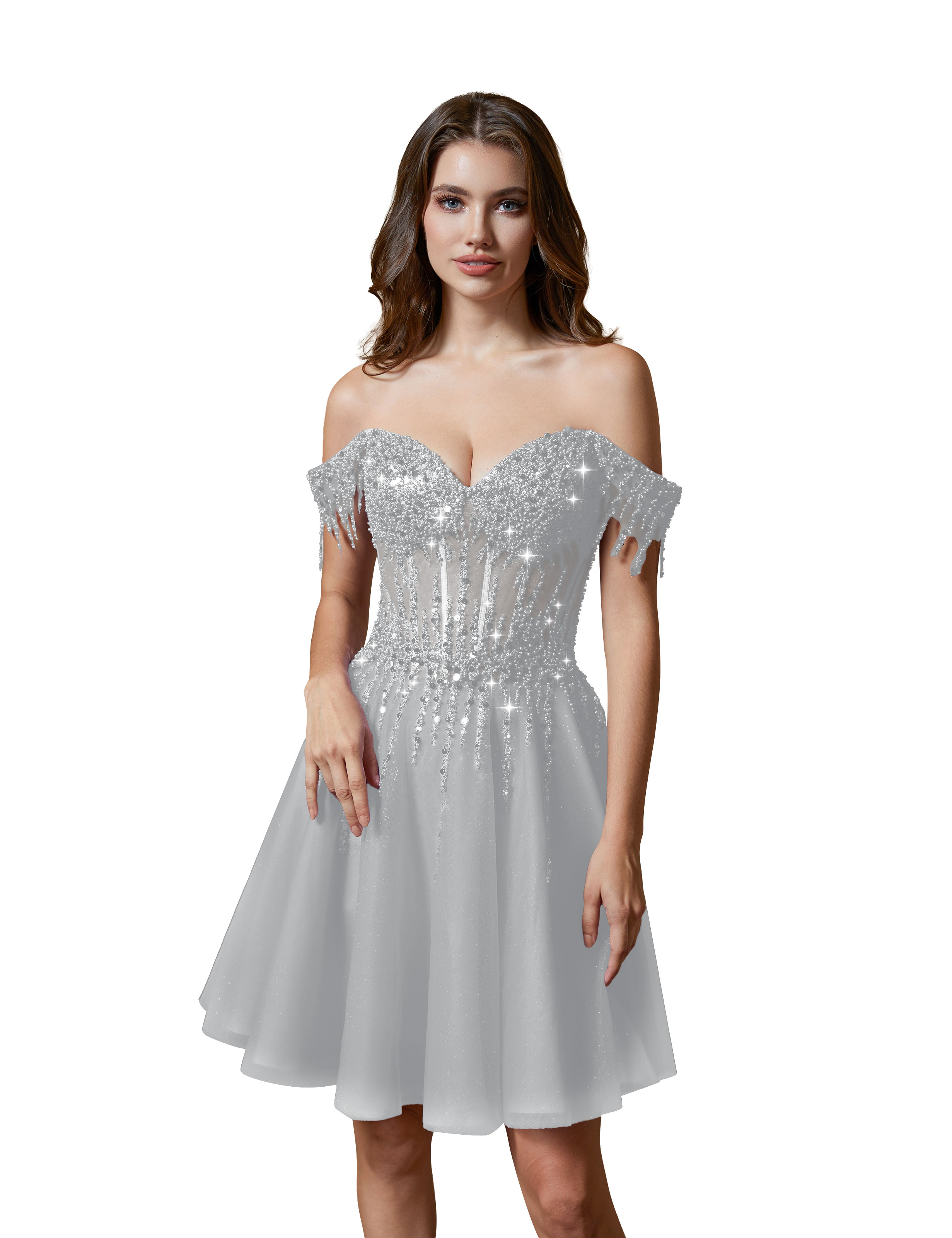 A-line Off Shoulder Lace Appliques Sparkly Sequin Tulle Homecoming Dress #HC2401169
