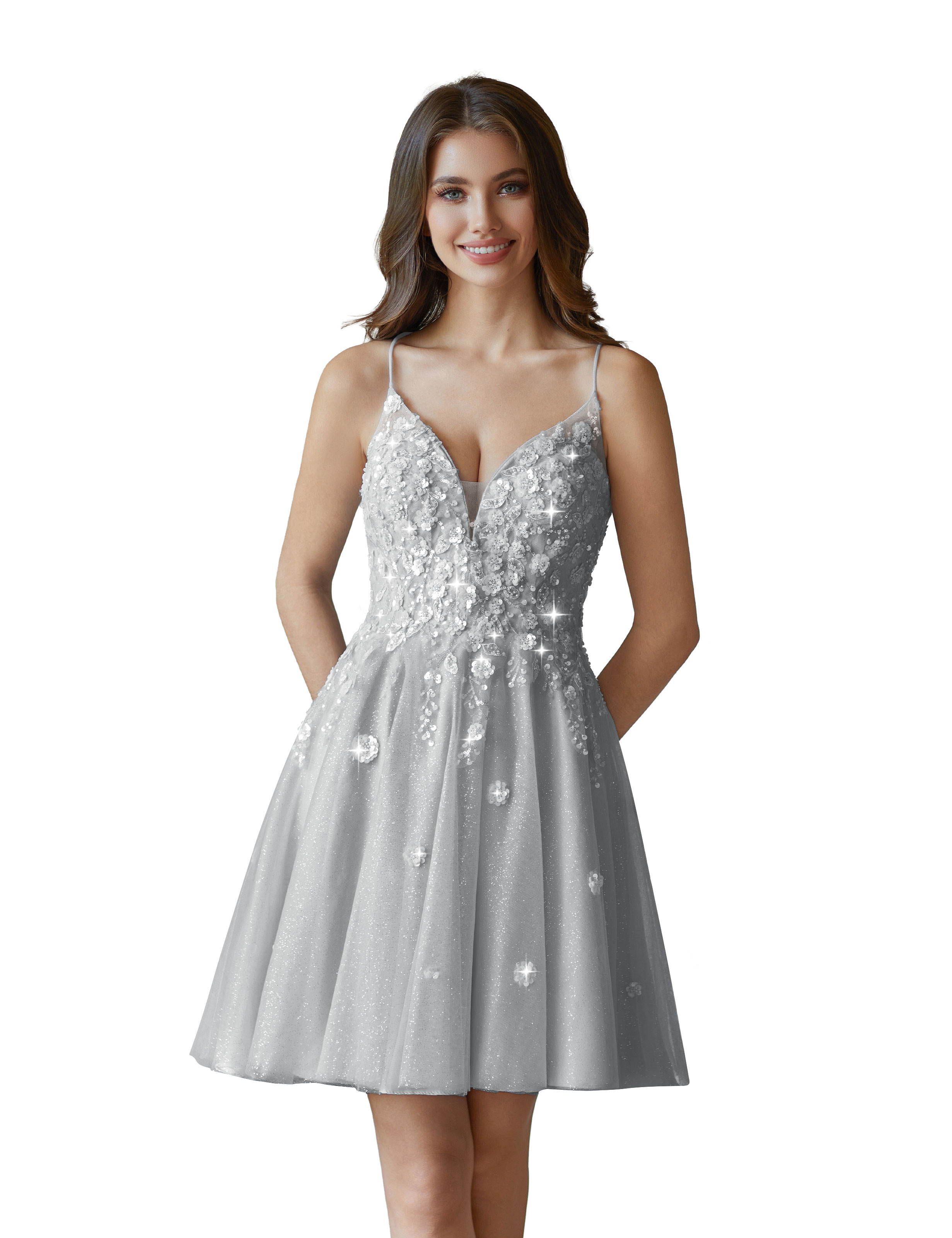 V-Neck Sspaghetti Strap Sparkly Lace Sequin Short Tulle Homecoming Dress #HC2604021