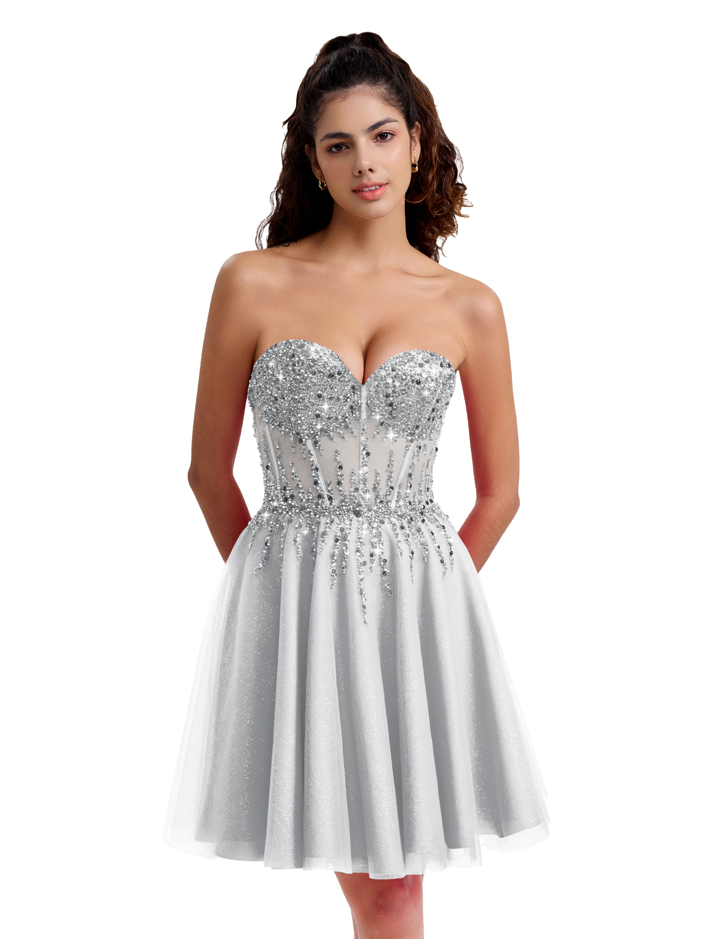 Sparkly A-line Sweetheart Tulle Beaded Party Homecoming Dress #HC2402135