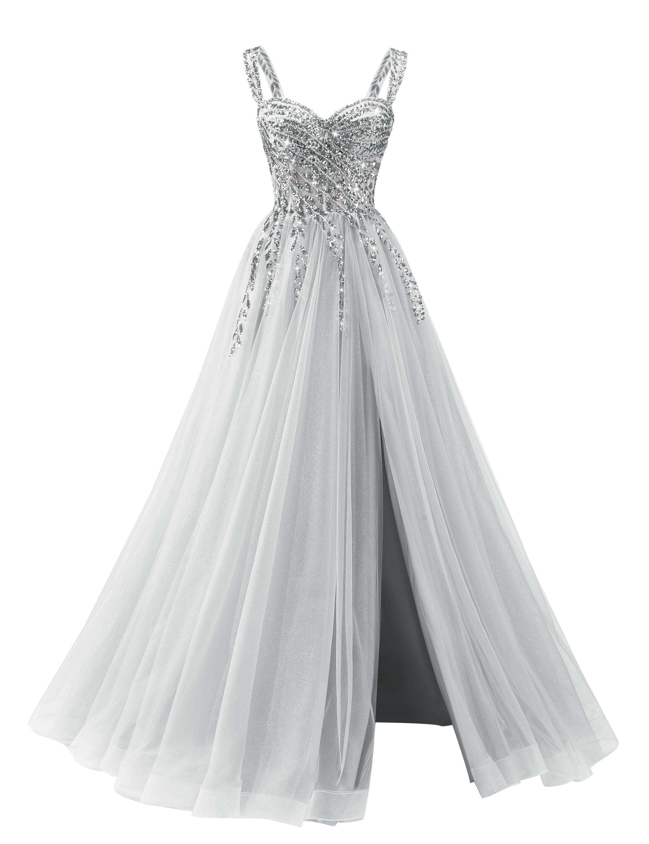 A-line Sweetheart Sparkly Tulle Sequins Beaded Slit Corset Prom Dress #PR2512071