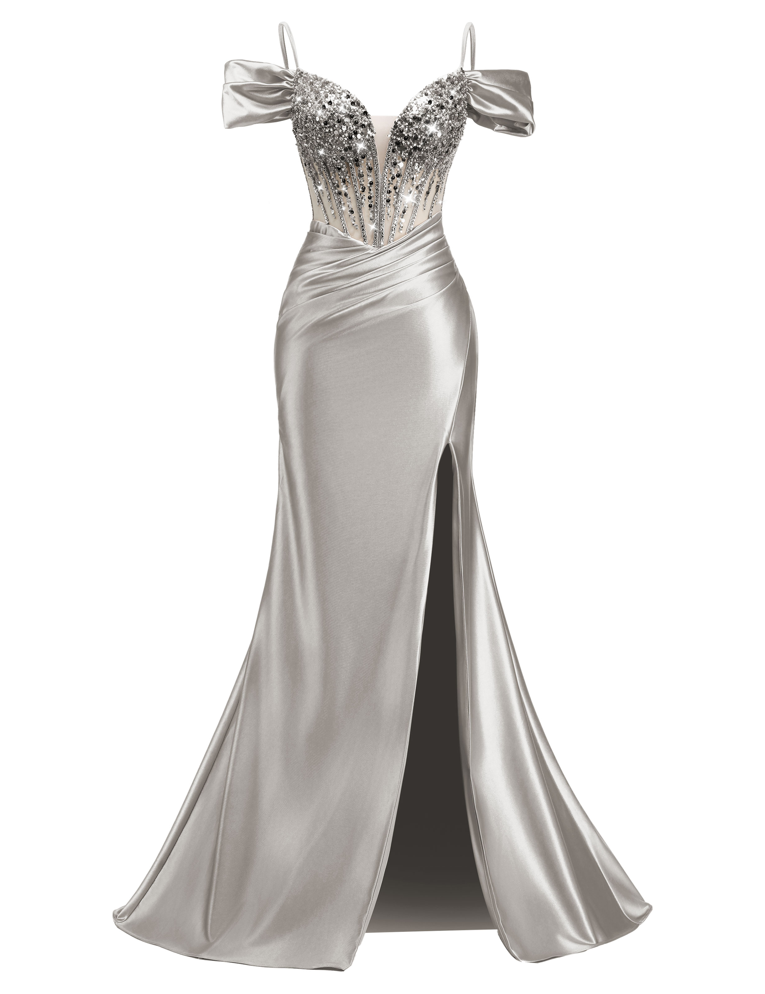 Mermaid V-neck Off Shoulder Beaded Sequin Satin Slit Prom Dress #PR2510014