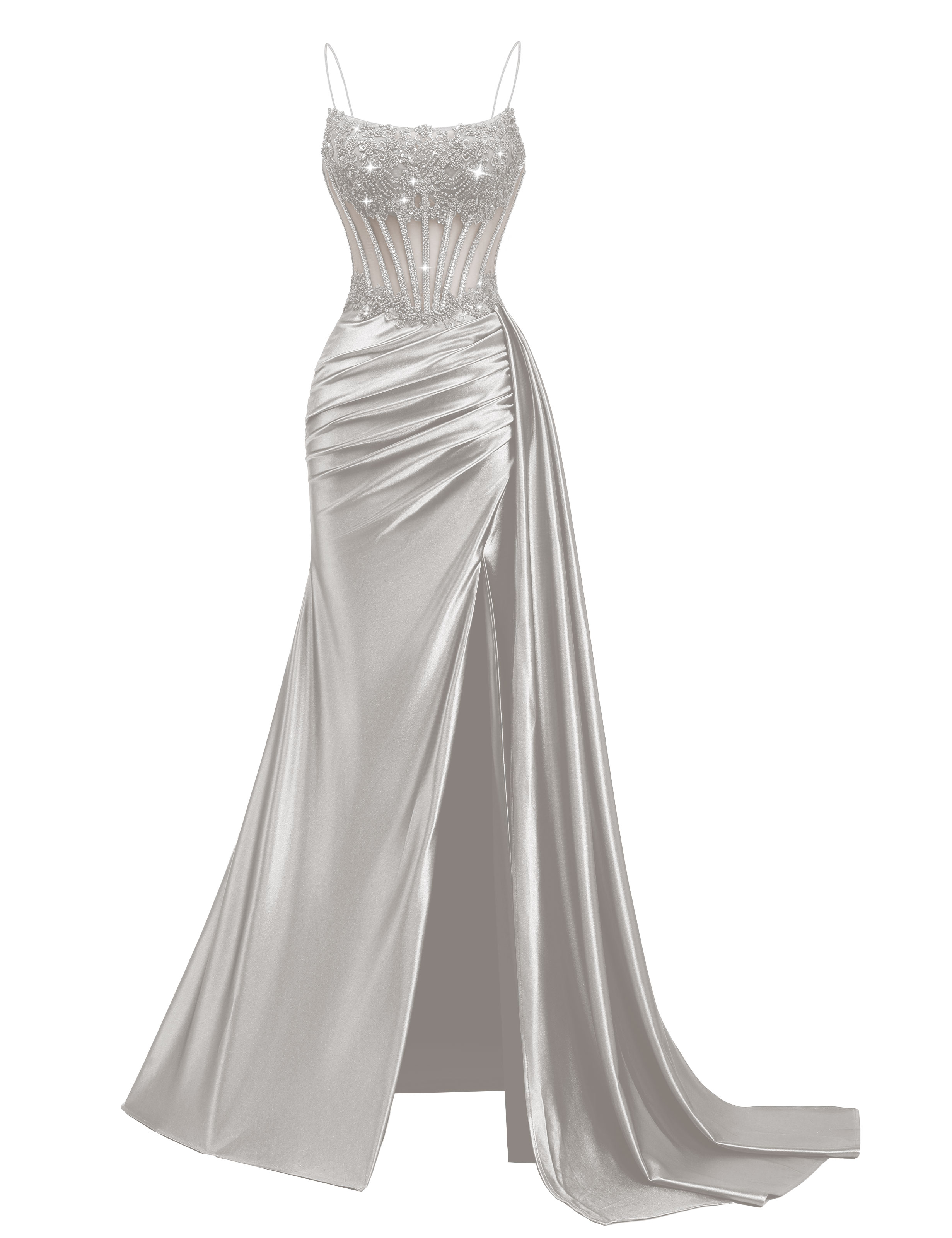 Mermaid Spaghetti Straps Pleated Satin Beaded Slit Prom Dress #PR2510011