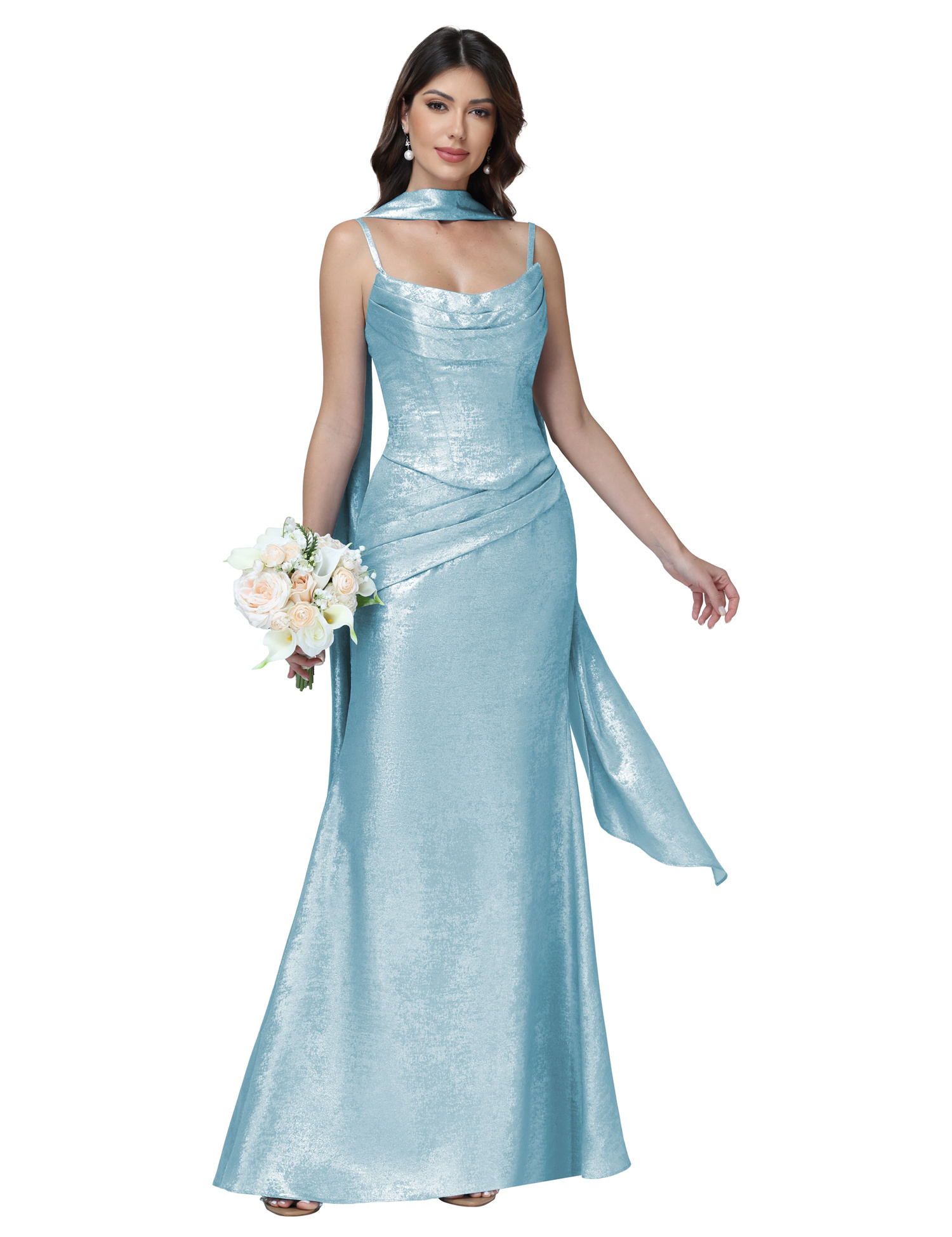 Mermaid Spaghttei Straps Prom Dress 2 Pieces Bridesmaid Dress with Scarf #BM2512054