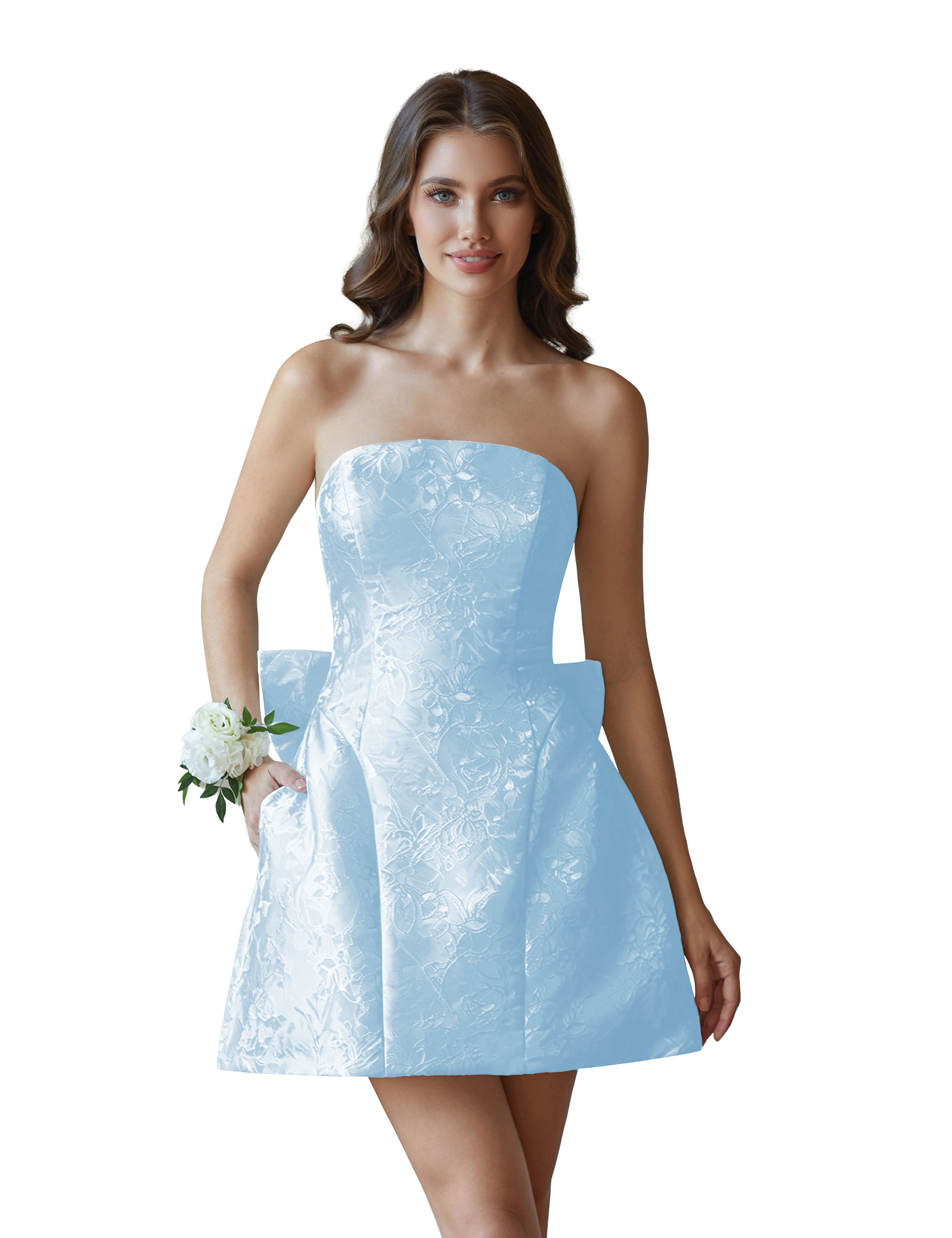 Jacquard Satin Mini Short Party Cocktail Prom Homecoming Dress with Bow Back #HC2401770