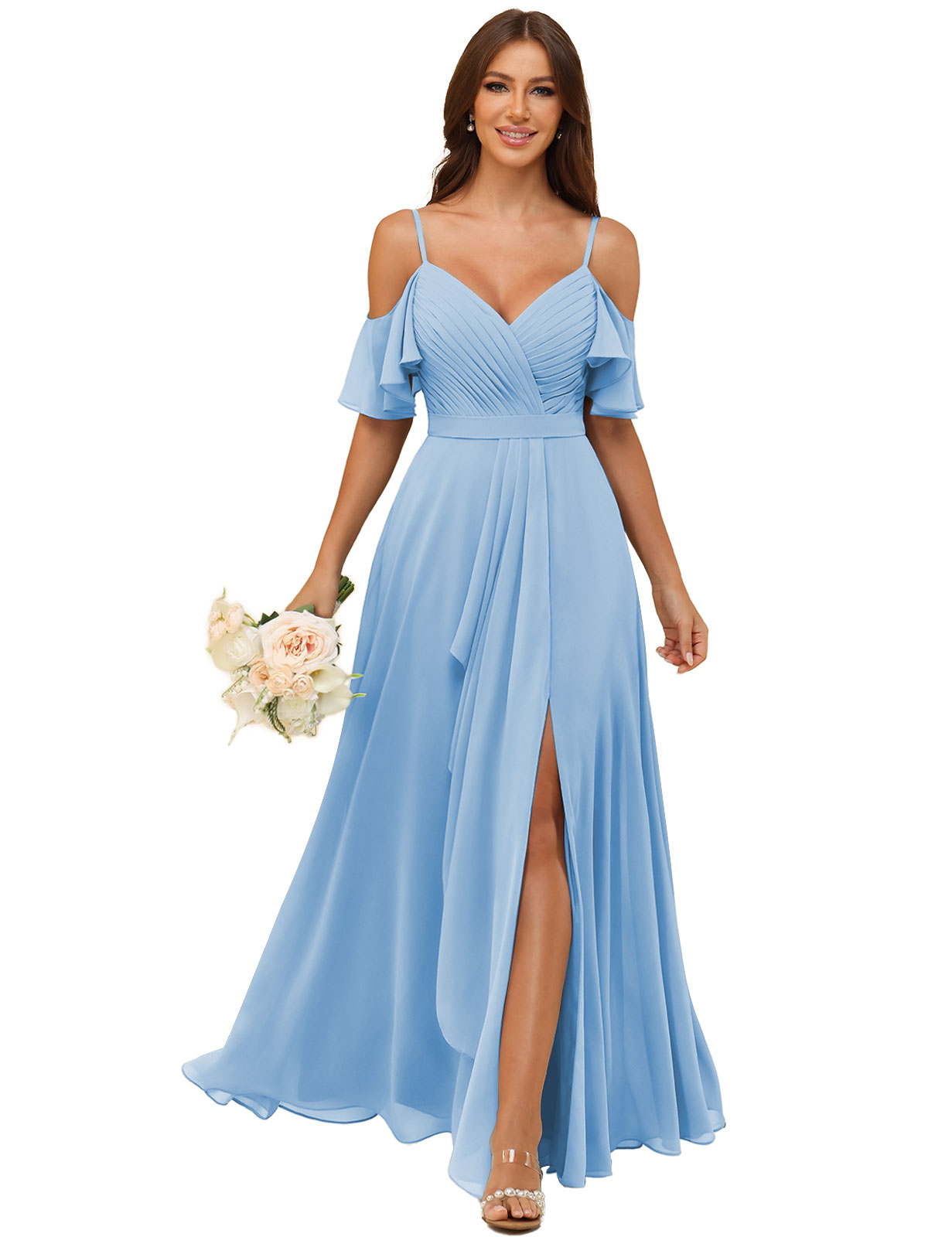 A-line V-neck Spaghetti Straps Chiffon Silt Bridesmaid Dress #BM2507214