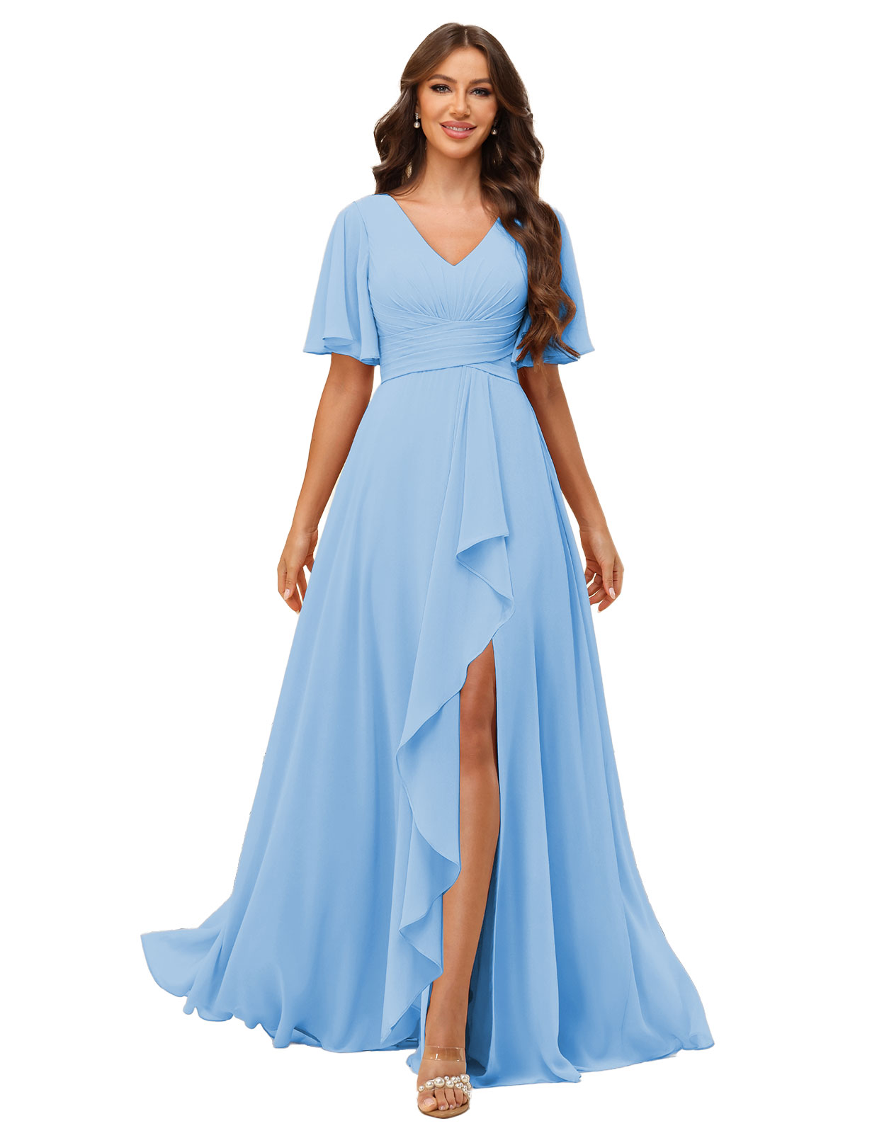 A-line V-neck Short Sleeves Chiffon Silt Bridesmaid Dress #BM2507137