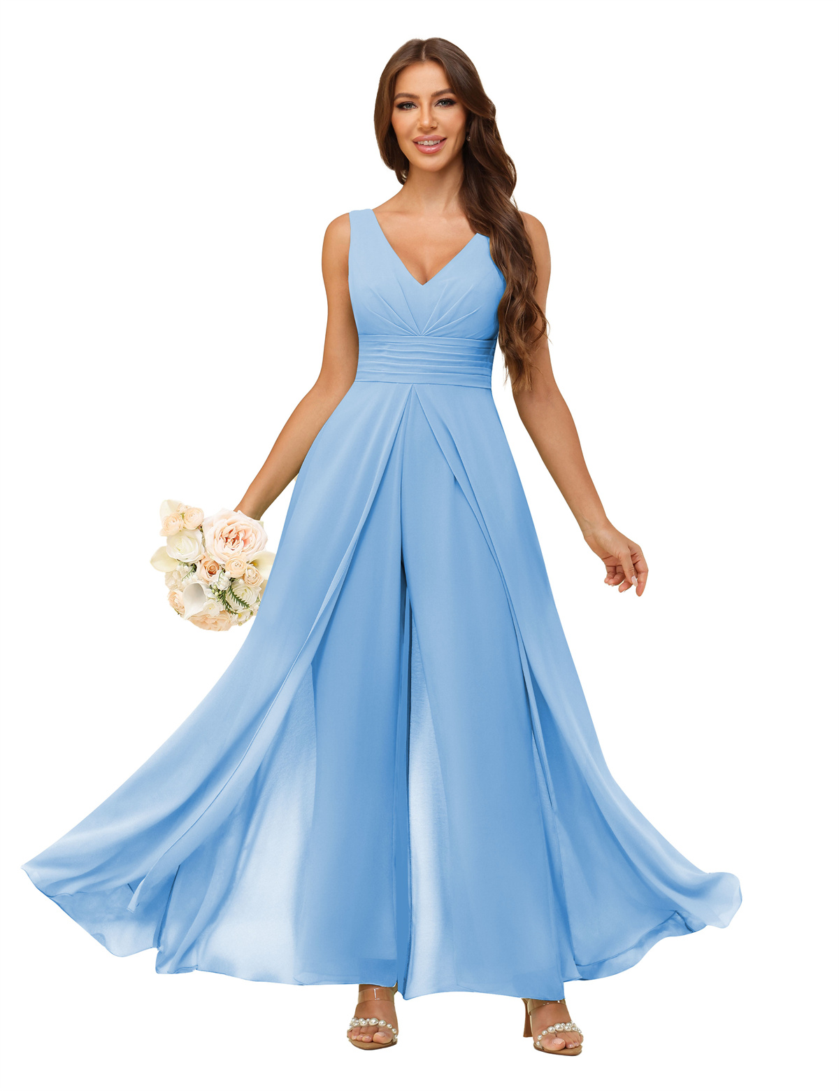 A-line V-neck Chiffon Straps V-back Bridesmaid Dress #PR2507216