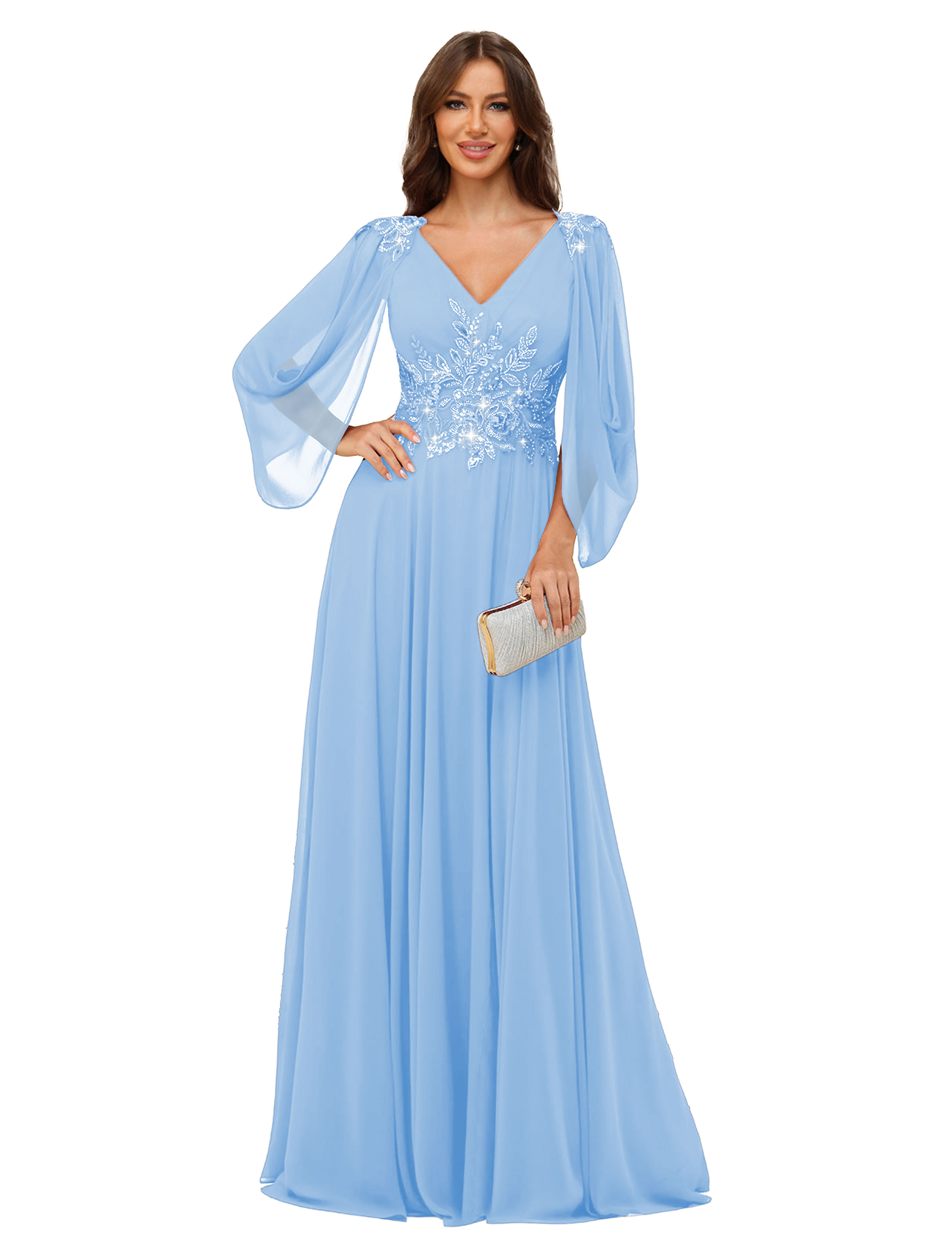 A-line V-neck Chiffon V-back Long Sleeves Mother of The Bride Dress #BM2501034
