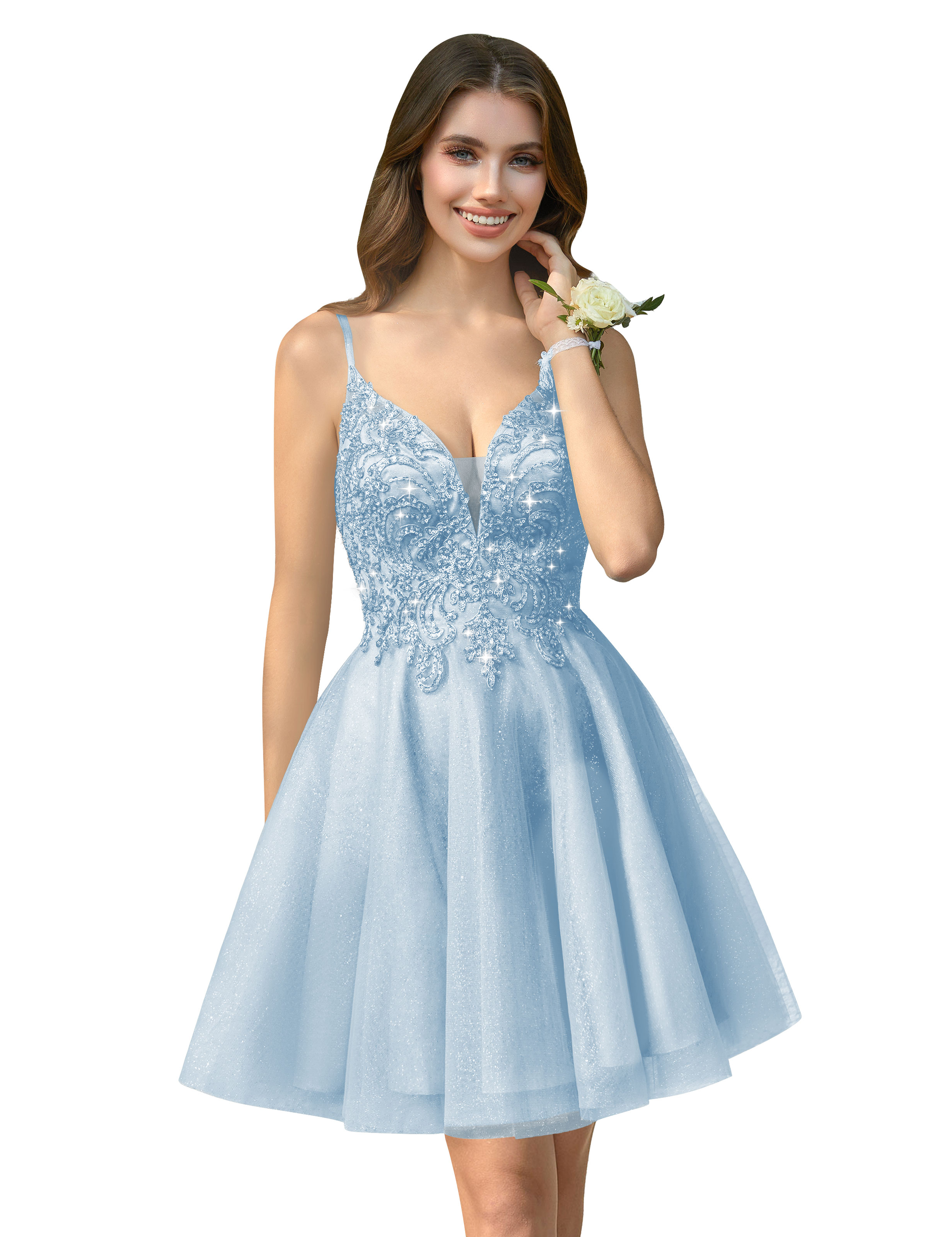 A-line V-neck Spaghetti Strap Sparkly Beaded Tulle Homecoming Dress #HC2401940
