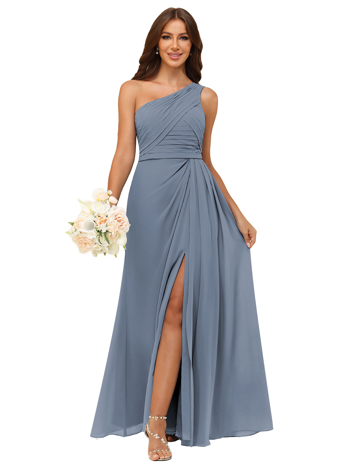 A-line One Shoulder Chiffon Silt Back Zip Bridesmaid Dress #BM2504122