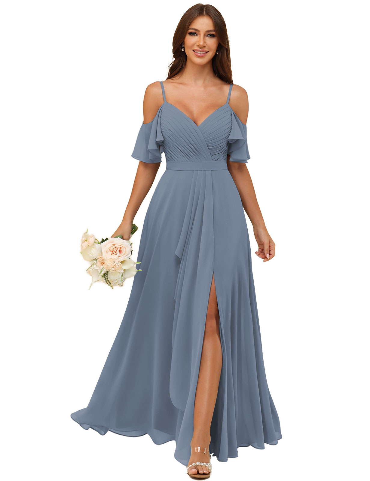 A-line V-neck Spaghetti Straps Chiffon Silt Bridesmaid Dress #BM2507214