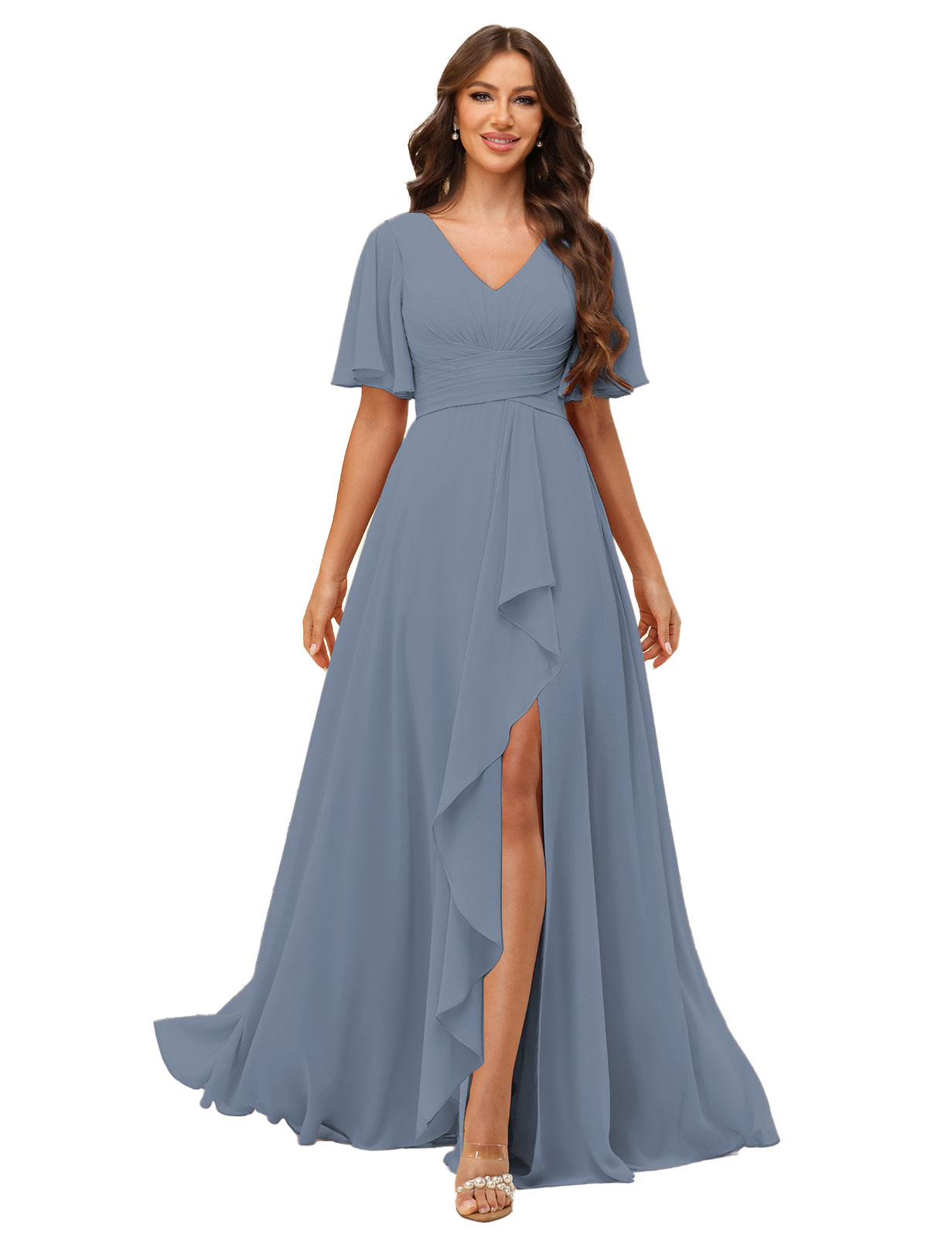 A-line V-neck Short Sleeves Chiffon Silt Bridesmaid Dress #BM2507137