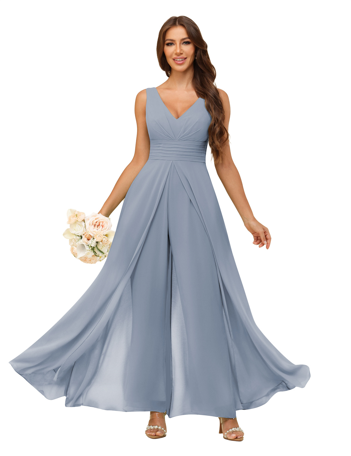 A-line V-neck Chiffon Straps V-back Bridesmaid Dress #PR2507216