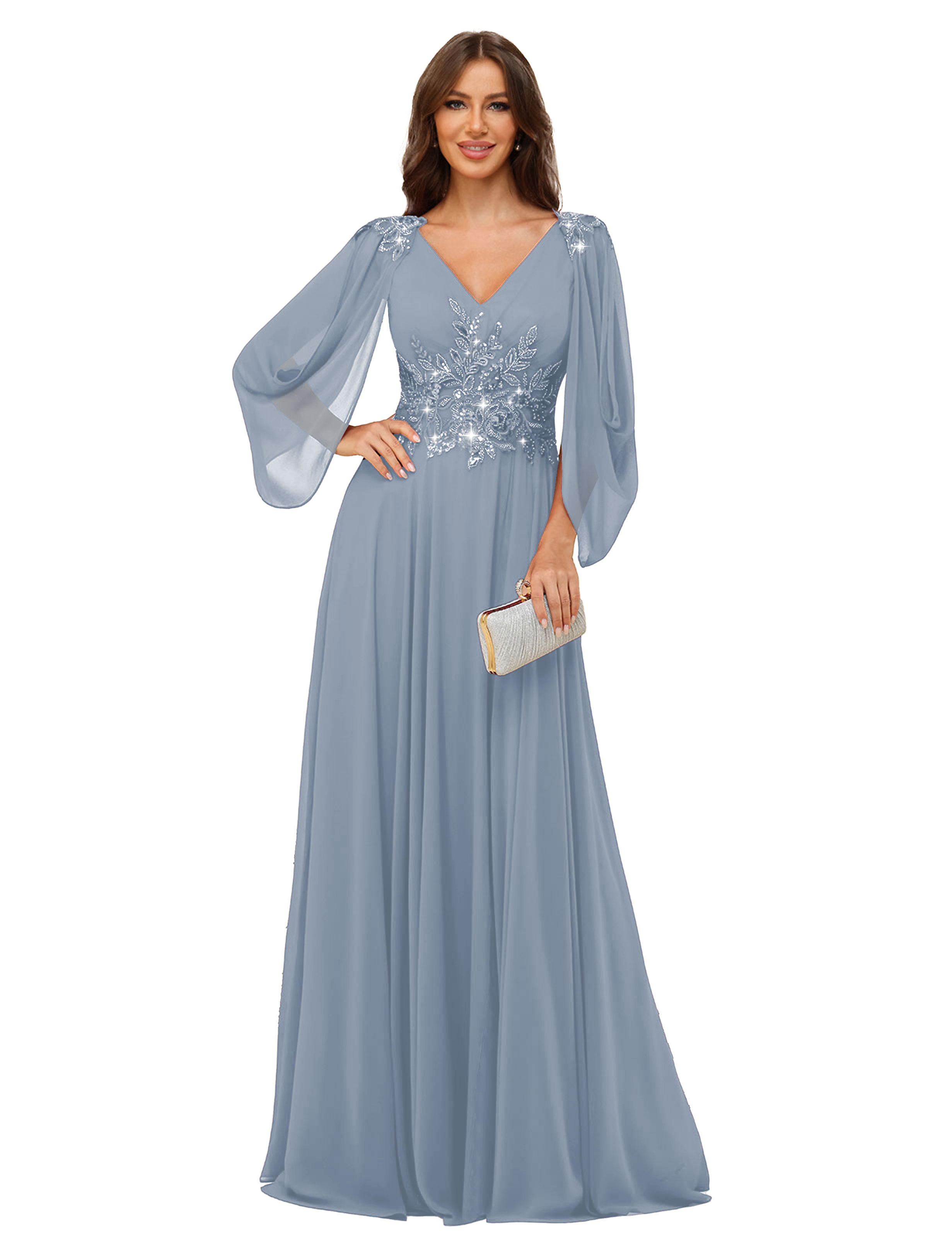 A-line V-neck Chiffon V-back Long Sleeves Mother of The Bride Dress #BM2501034