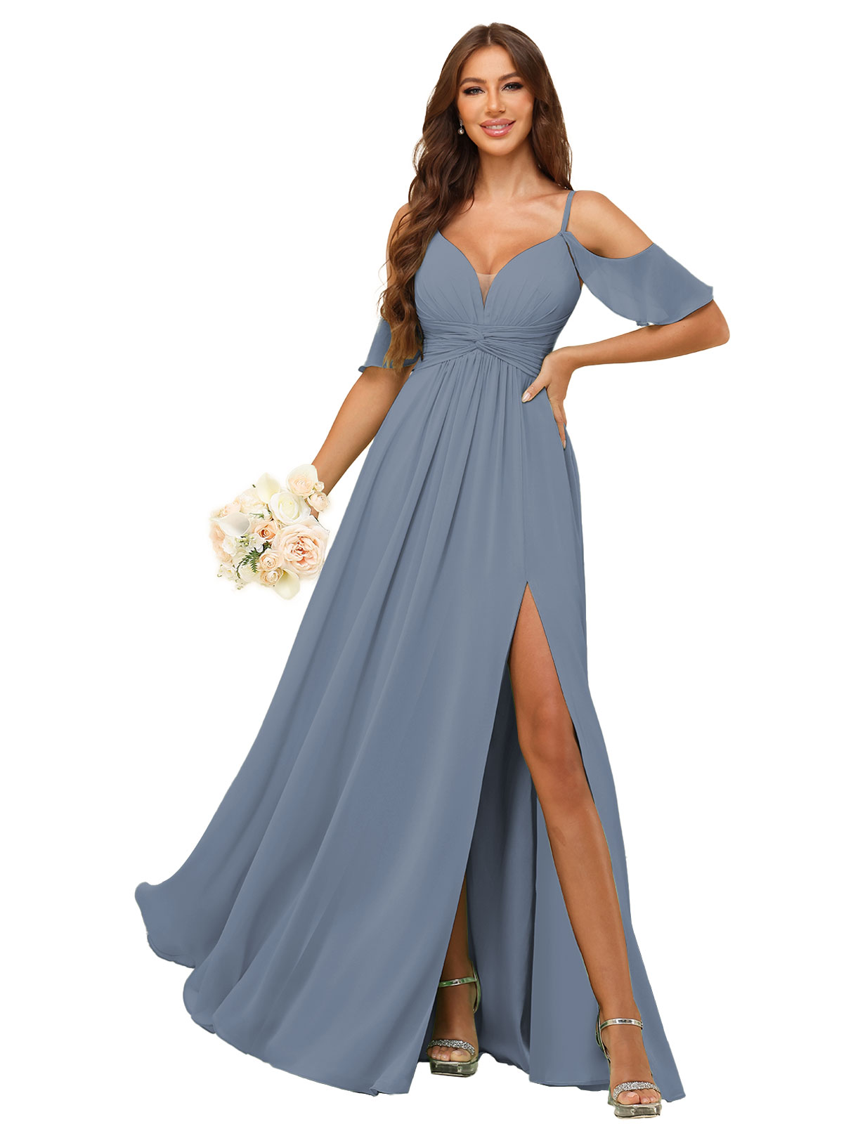 A-line Deep V-neck Spaghetti Straps Chiffon Silt Bridesmaid Dress #BM2507134
