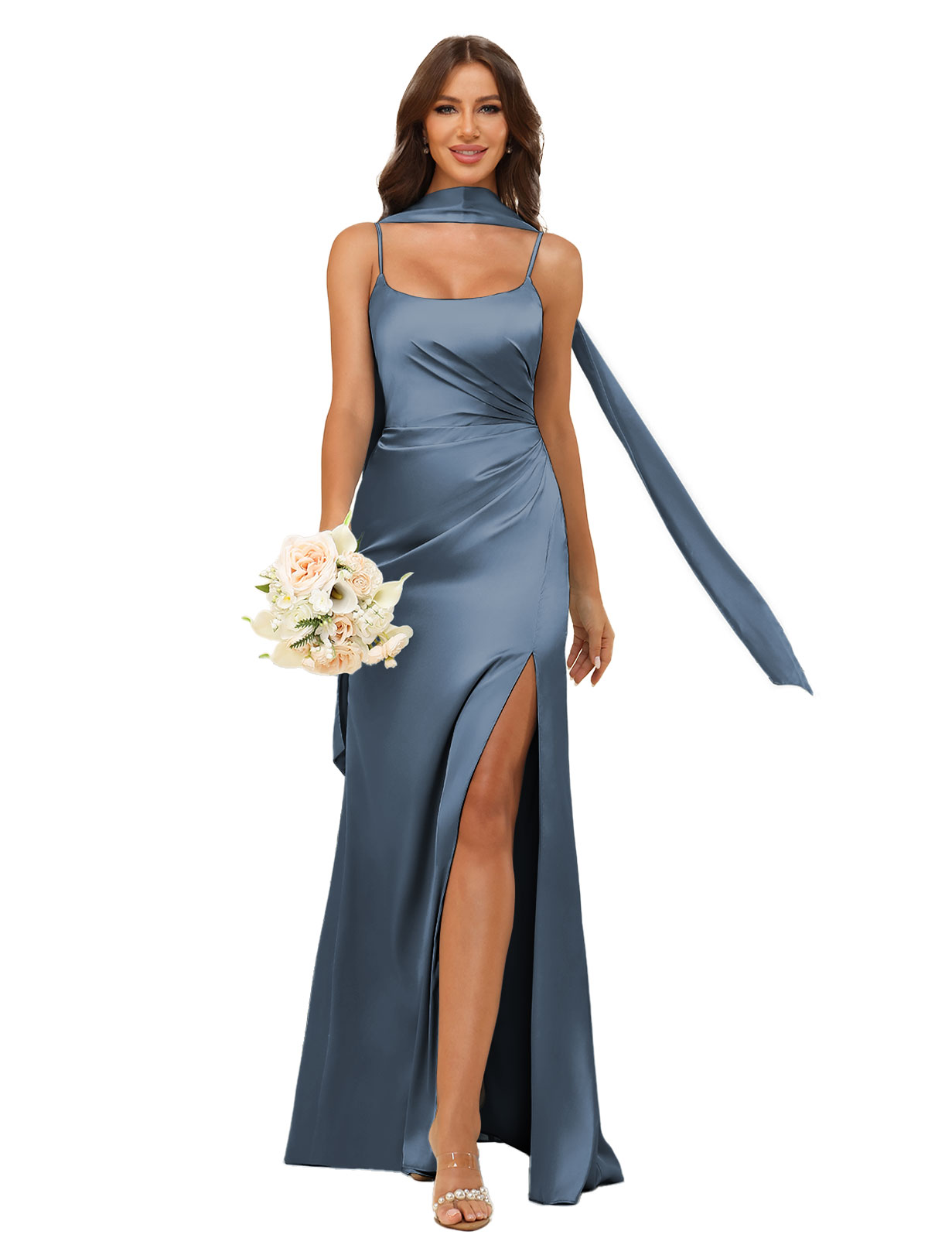 Mermaid U-neck Spaghetti Straps Satin Silt Bridesmaid Dress #BM2507145